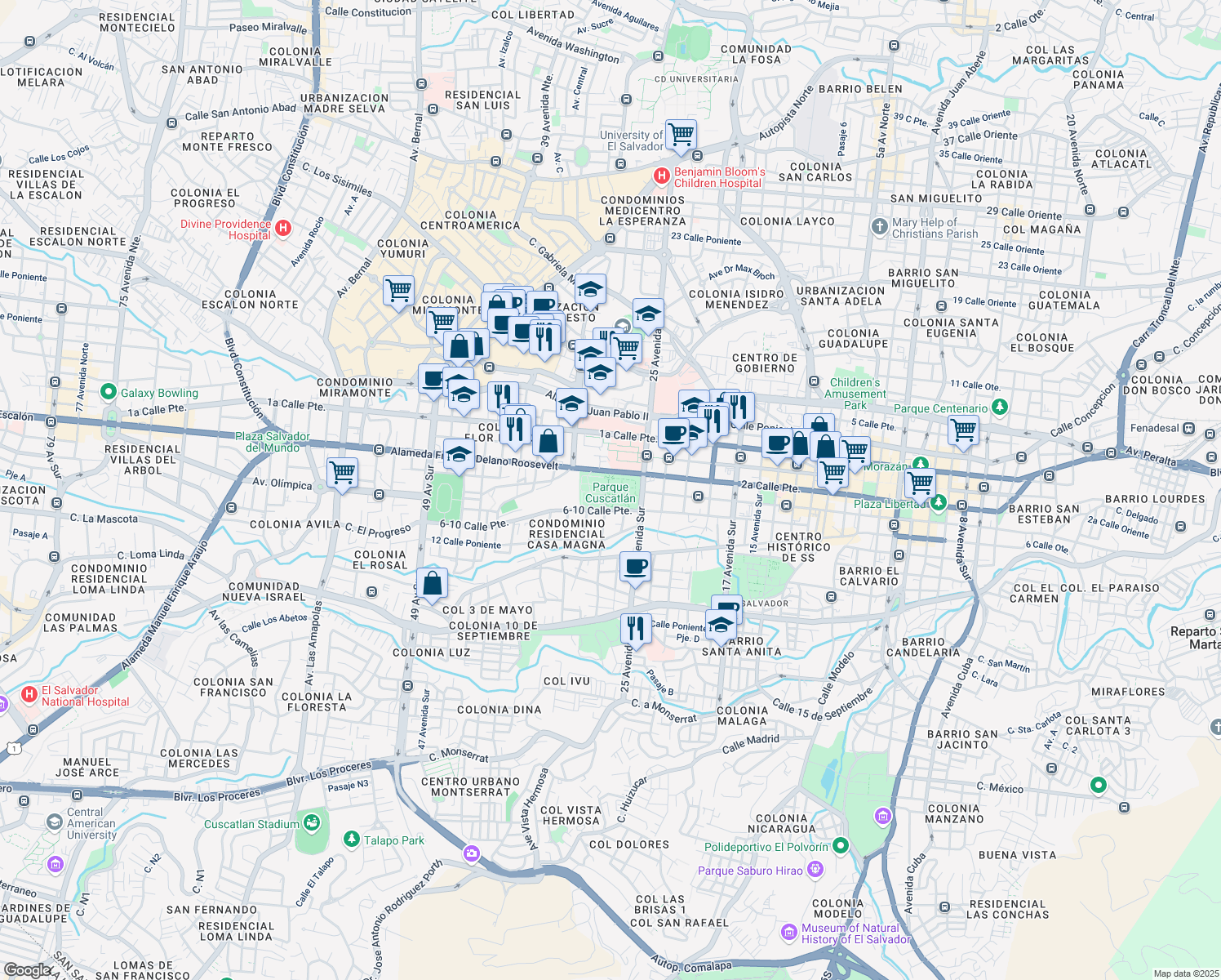 map of restaurants, bars, coffee shops, grocery stores, and more near Alameda Franklin Delano Roosevelt in San Salvador
