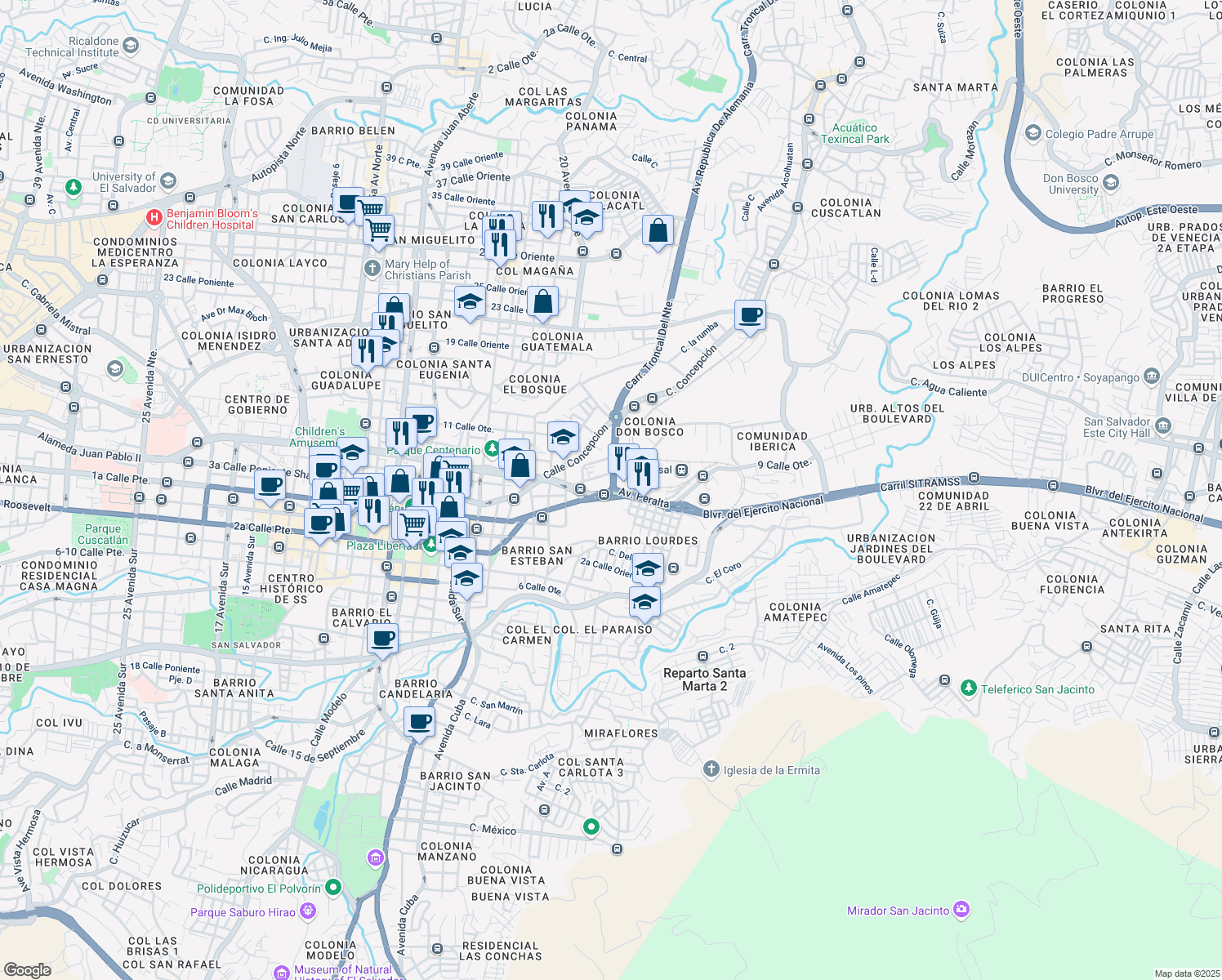 map of restaurants, bars, coffee shops, grocery stores, and more near Carretera Troncal del Norte in San Salvador