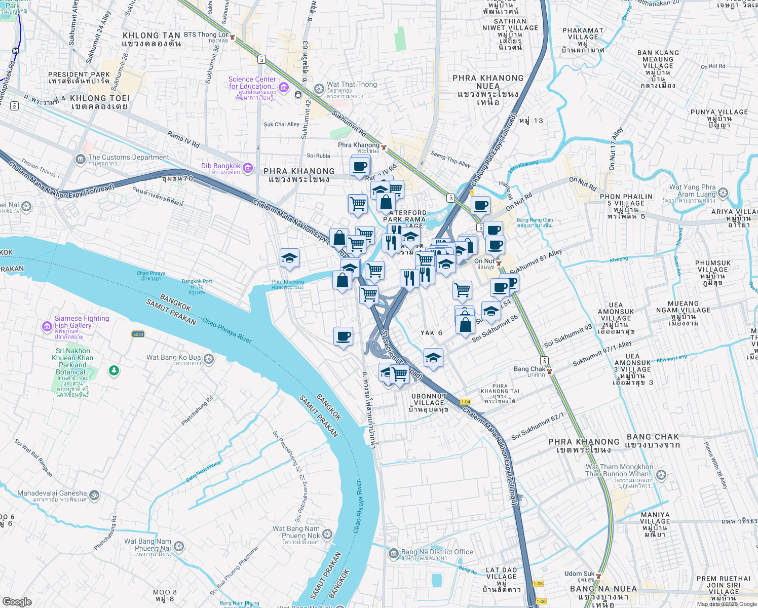 map of restaurants, bars, coffee shops, grocery stores, and more near Chalerm Maha Nakhon Expressway in Bangkok