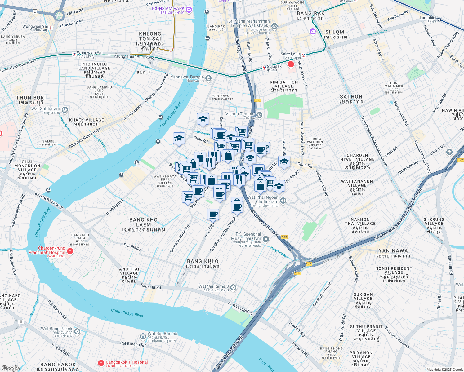 map of restaurants, bars, coffee shops, grocery stores, and more near Charoen Rat Road in Bangkok