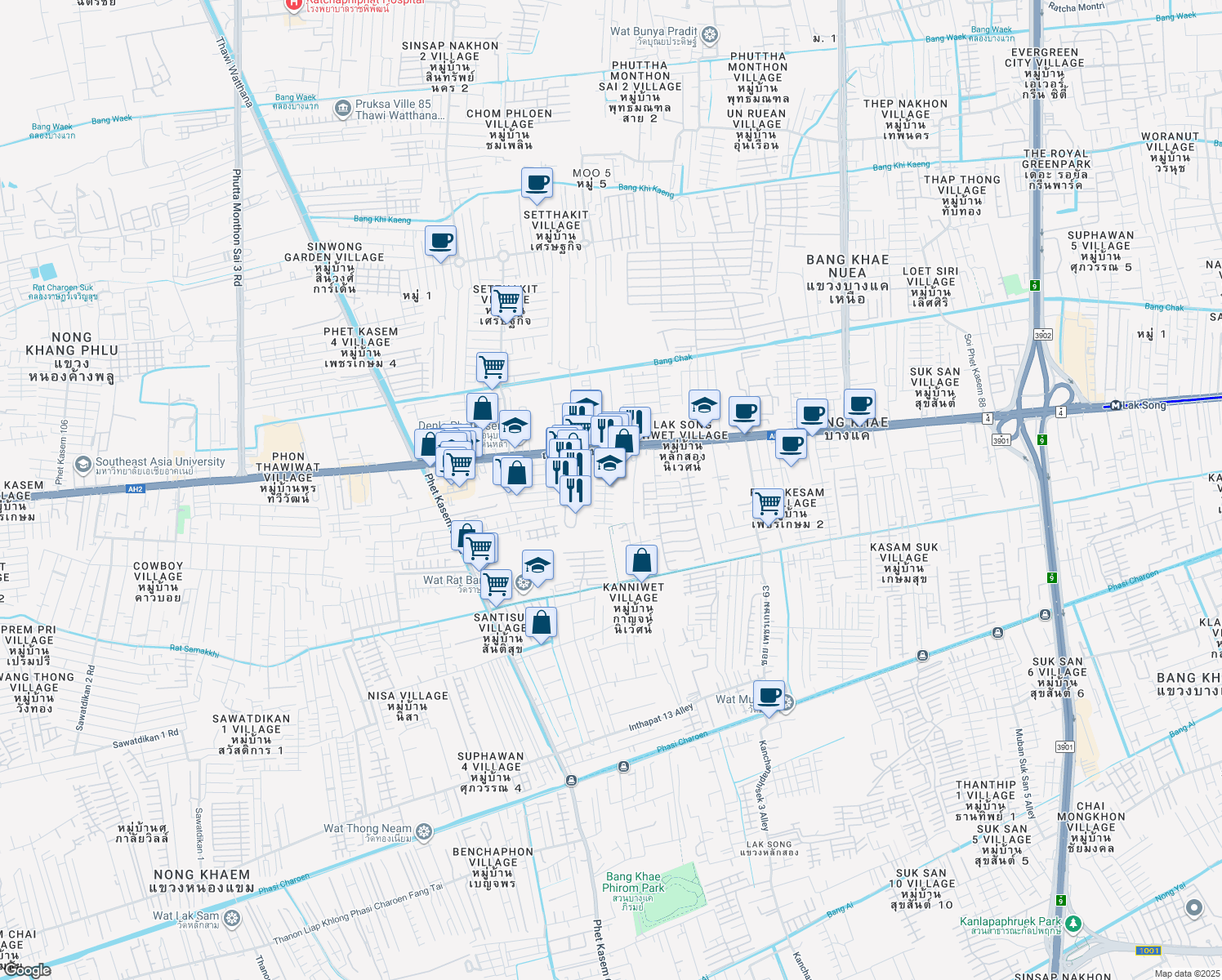 map of restaurants, bars, coffee shops, grocery stores, and more near 601/195 Soi Phet Kasem 67 in Bangkok
