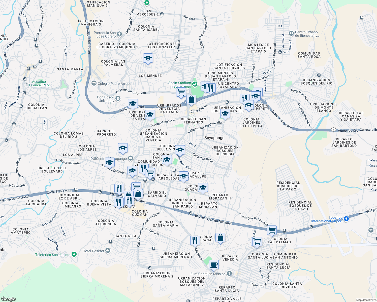 map of restaurants, bars, coffee shops, grocery stores, and more near Pasaje San Jacinto in Soyapango