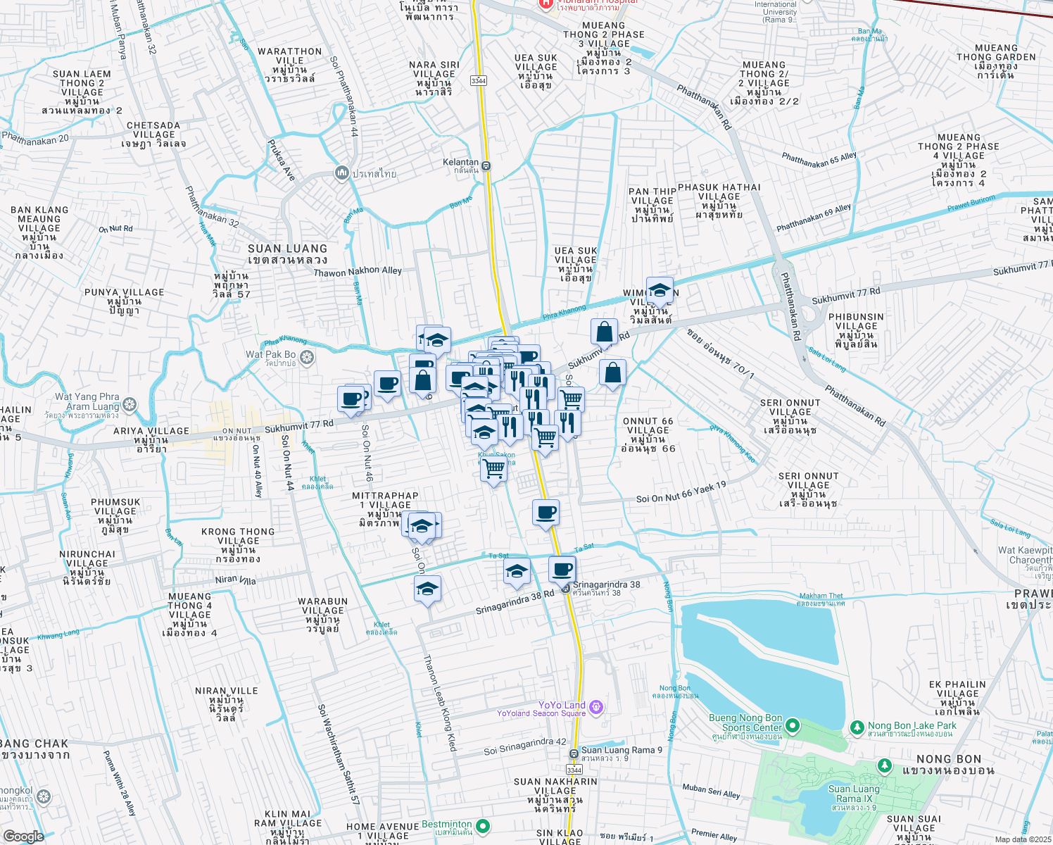 map of restaurants, bars, coffee shops, grocery stores, and more near Thanon Srinagarindra in Bangkok