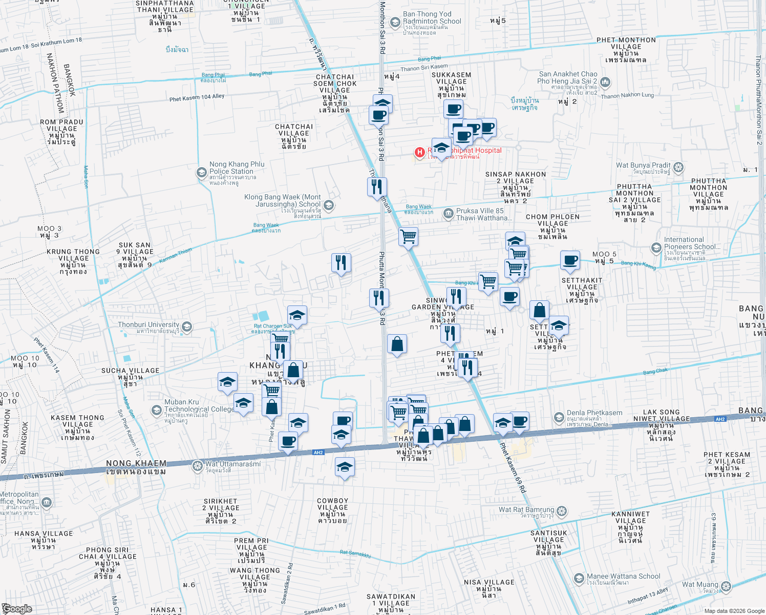 map of restaurants, bars, coffee shops, grocery stores, and more near Thanon Phet Kasem 104 in Bangkok
