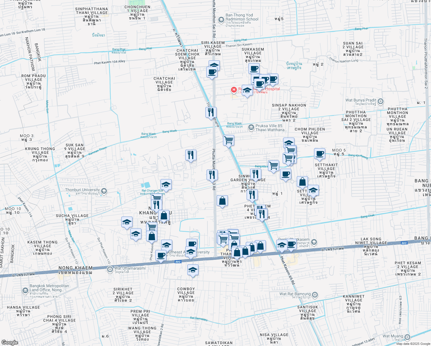 map of restaurants, bars, coffee shops, grocery stores, and more near Thanon Phet Kasem 104 in Bangkok