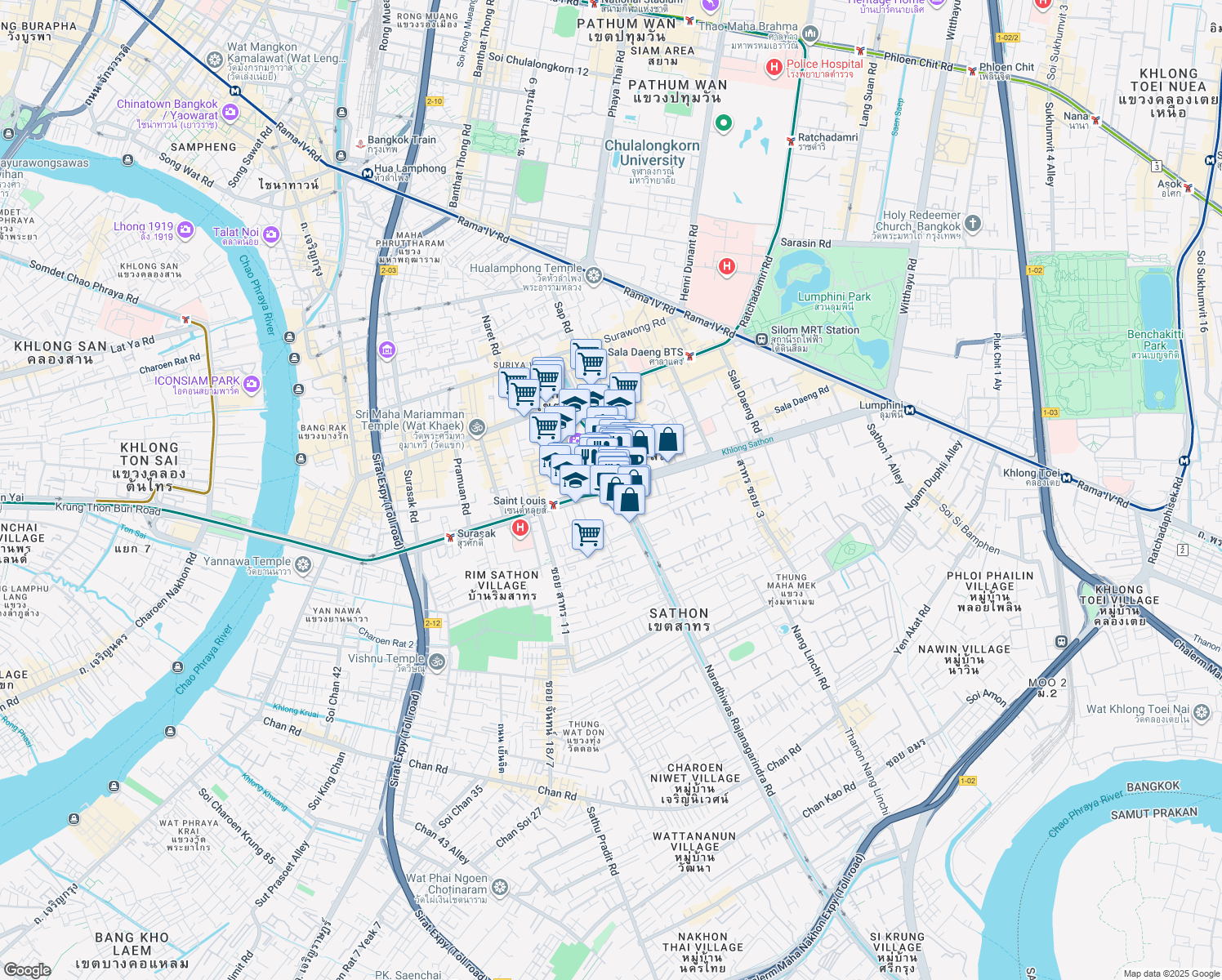 map of restaurants, bars, coffee shops, grocery stores, and more near South Sathorn Road in Bangkok
