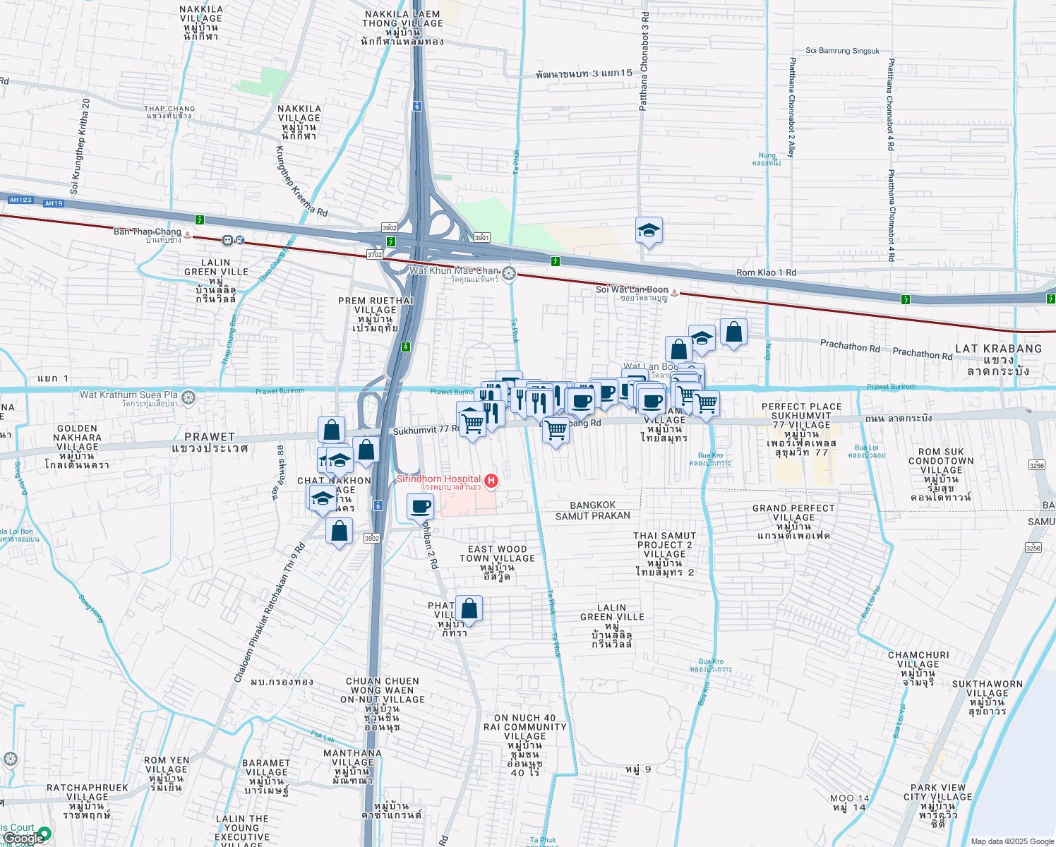 map of restaurants, bars, coffee shops, grocery stores, and more near Thanon Sukhumvit 77 in Bangkok
