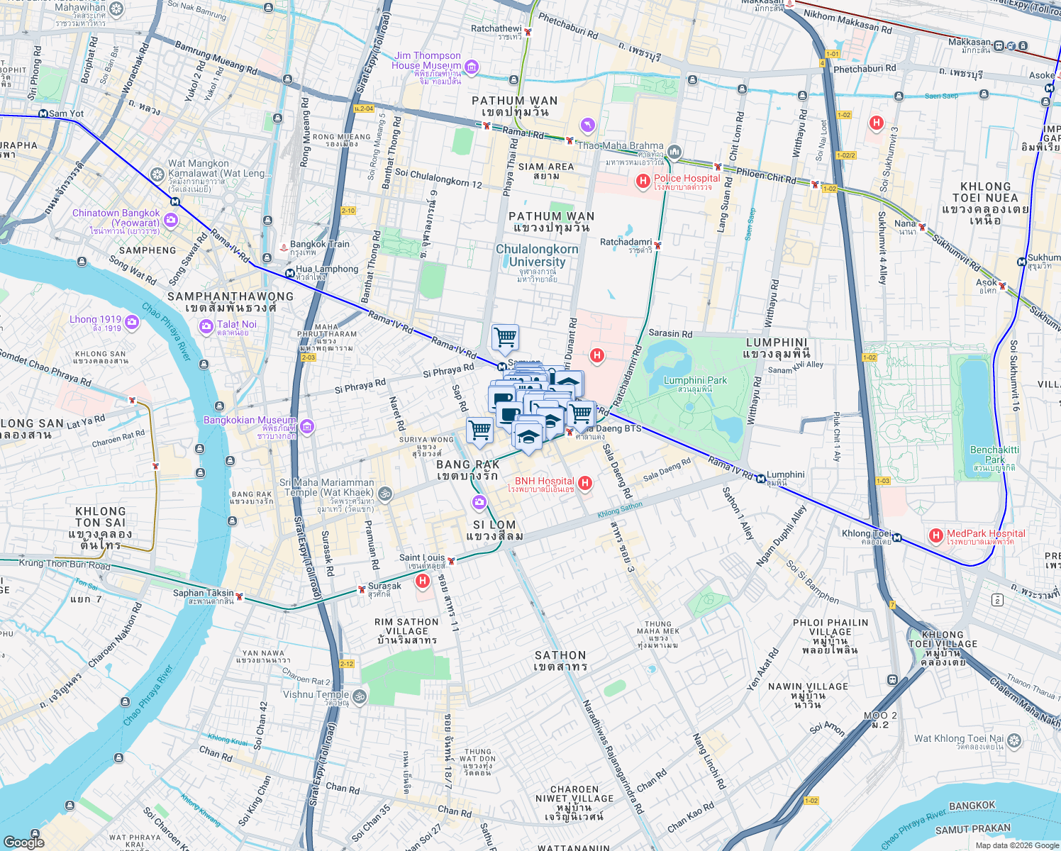 map of restaurants, bars, coffee shops, grocery stores, and more near Thanon Patpong 1 in Bangkok