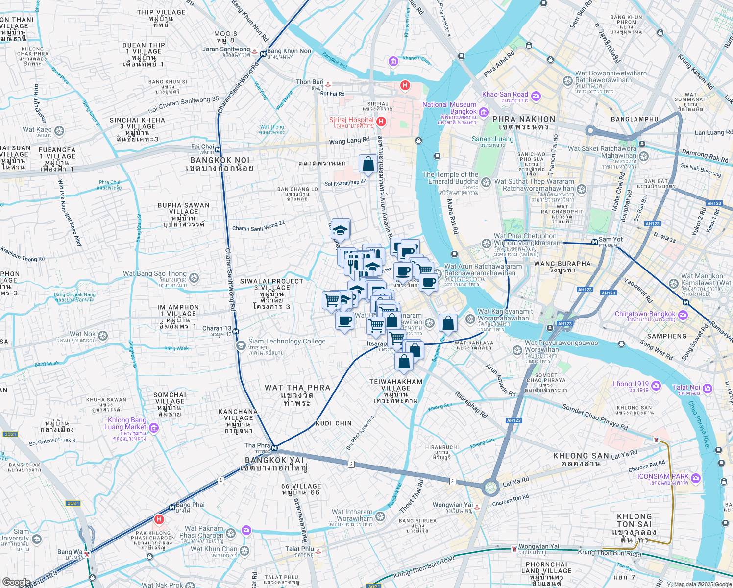 map of restaurants, bars, coffee shops, grocery stores, and more near Itsaraphap Road in Bangkok