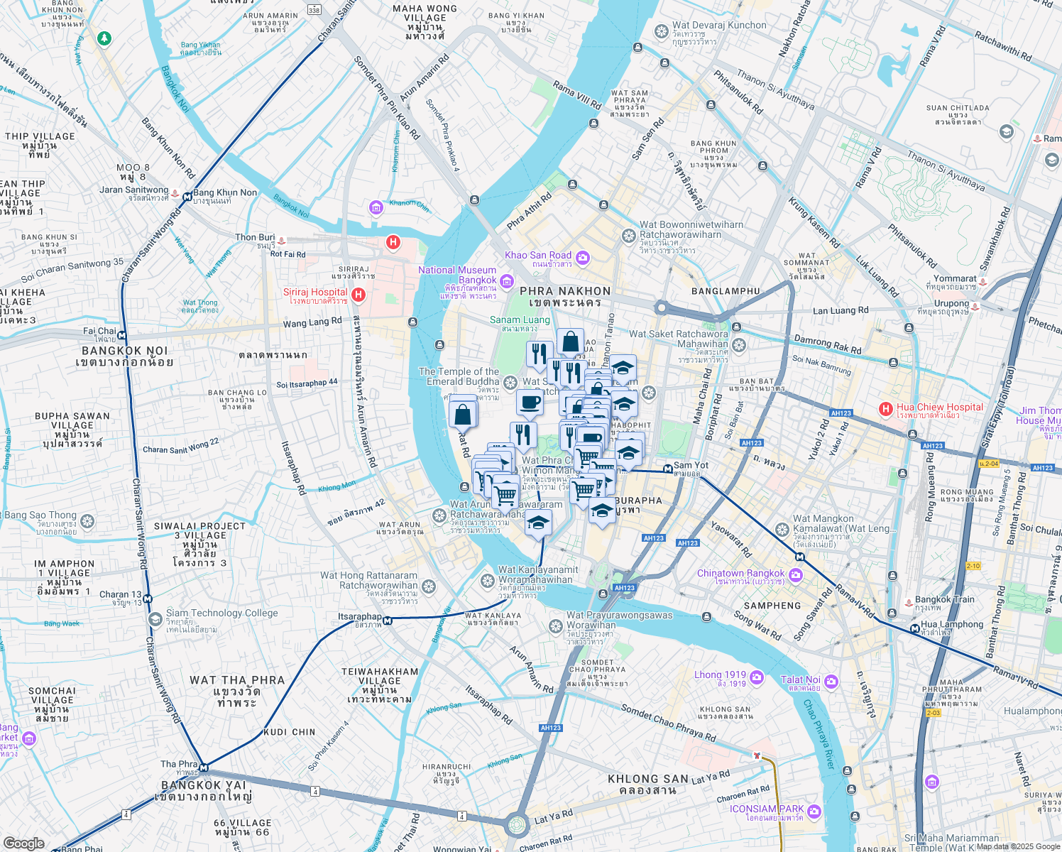 map of restaurants, bars, coffee shops, grocery stores, and more near Sanam Chai Road in Bangkok