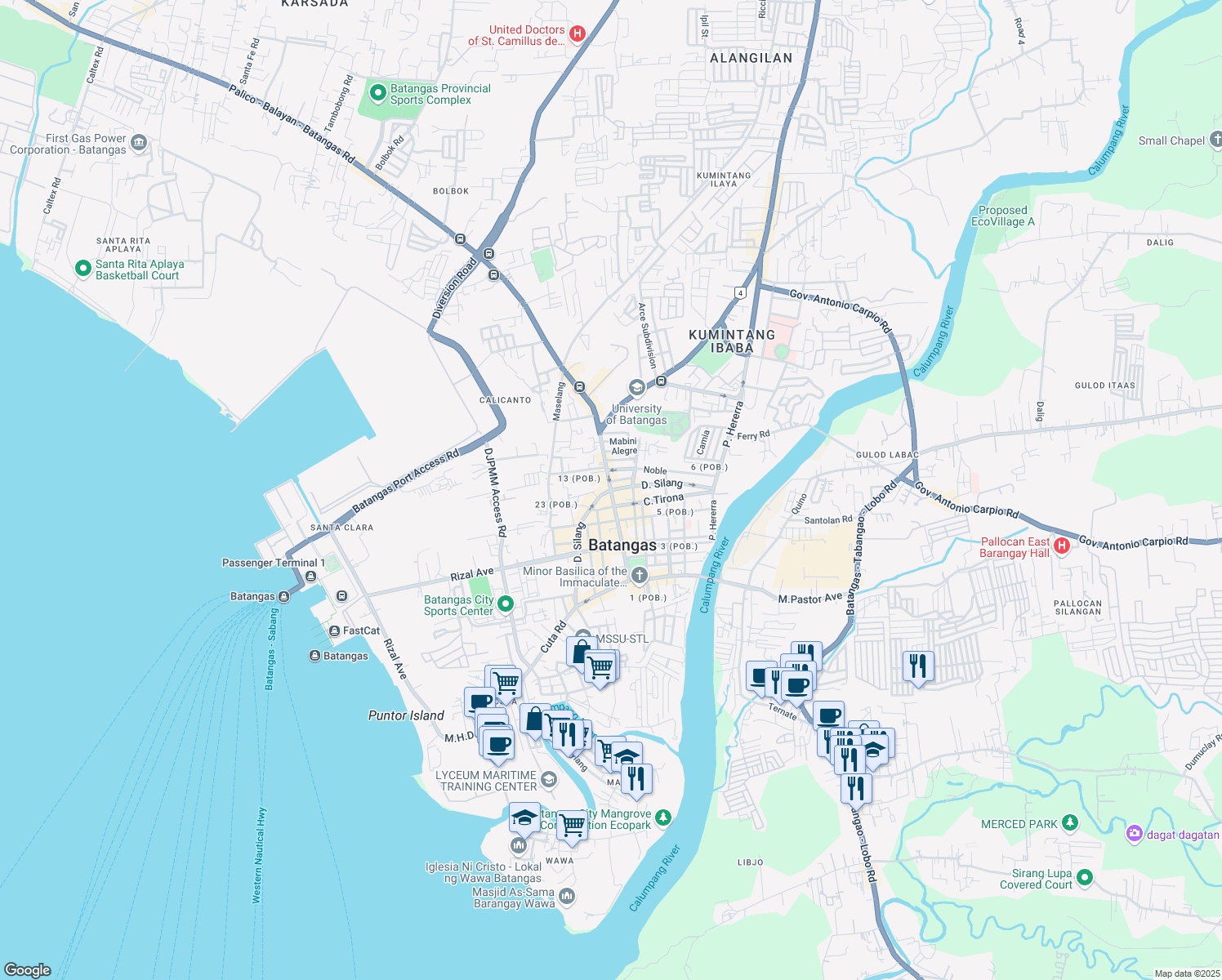 map of restaurants, bars, coffee shops, grocery stores, and more near D. Silang in Batangas