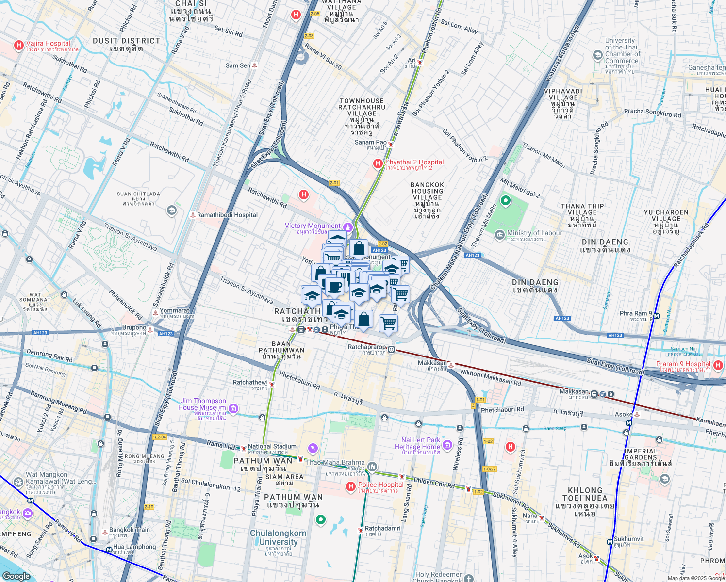map of restaurants, bars, coffee shops, grocery stores, and more near Rang Nam Alley in Bangkok