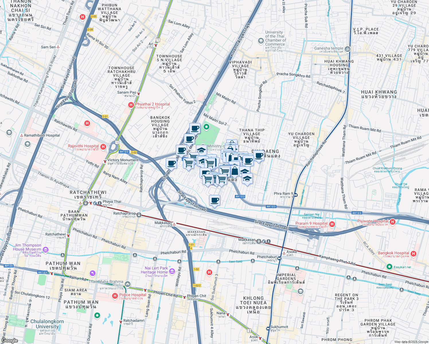map of restaurants, bars, coffee shops, grocery stores, and more near Din Daeng in Bangkok