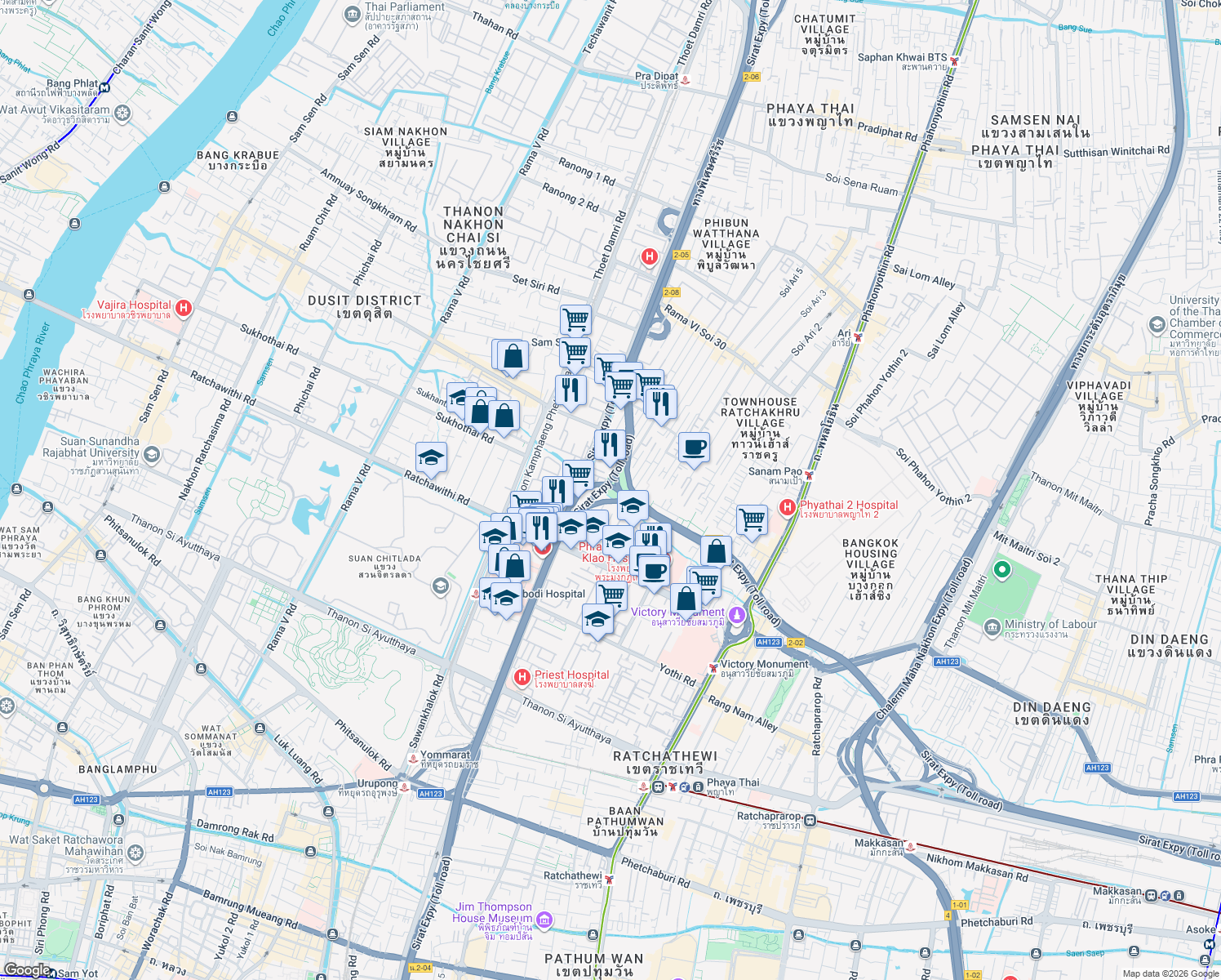 map of restaurants, bars, coffee shops, grocery stores, and more near Sirat Expressway in Bangkok