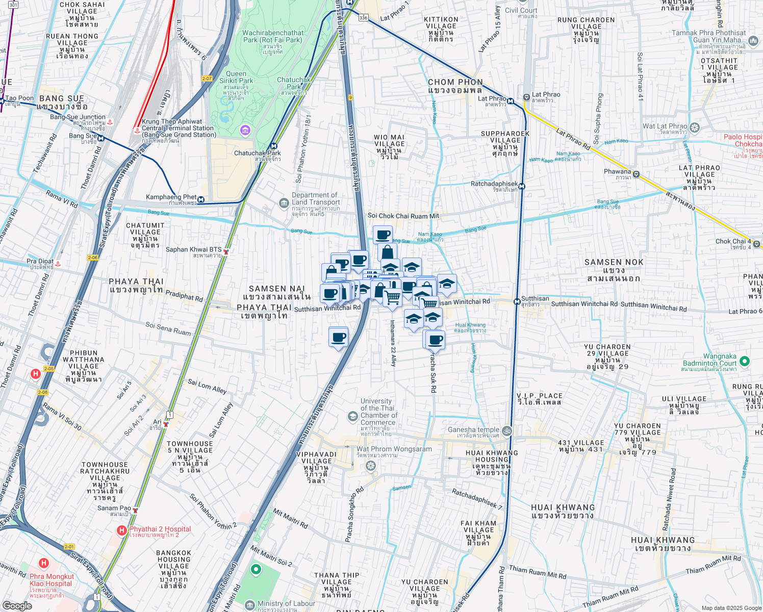map of restaurants, bars, coffee shops, grocery stores, and more near Thanon Sutthisan Winitchai in Bangkok