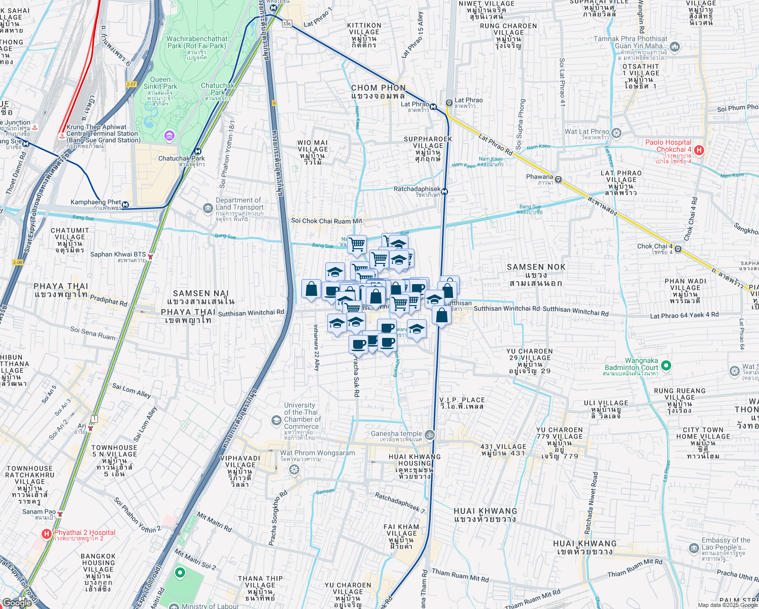 map of restaurants, bars, coffee shops, grocery stores, and more near 1355 Thanon Sutthisan Winitchai in Bangkok
