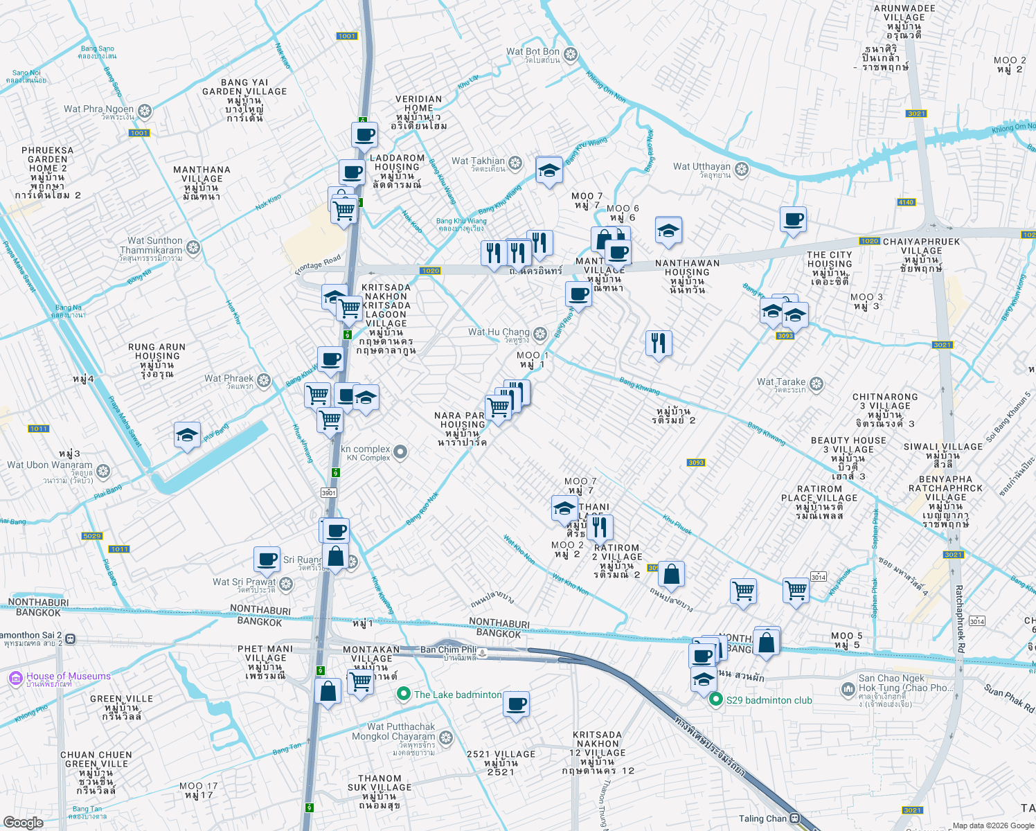 map of restaurants, bars, coffee shops, grocery stores, and more near in Bang Kruai District