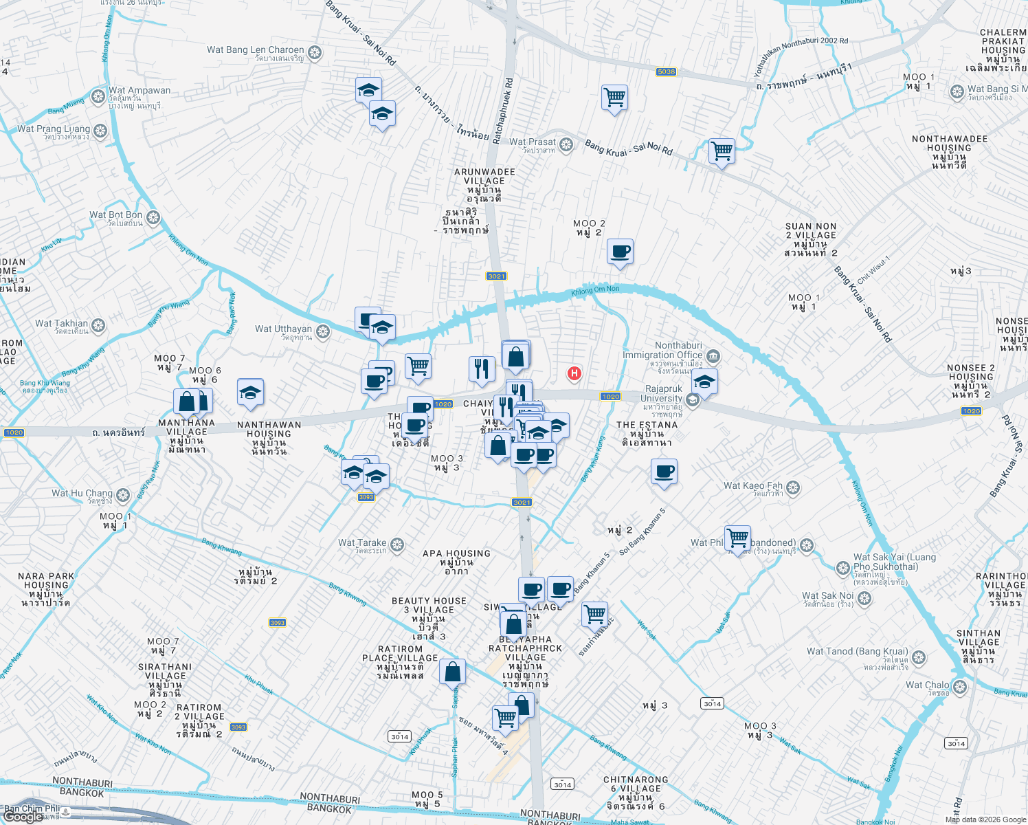 map of restaurants, bars, coffee shops, grocery stores, and more near Thanon Ratchaphruek in Tambon Bang Khun Kong