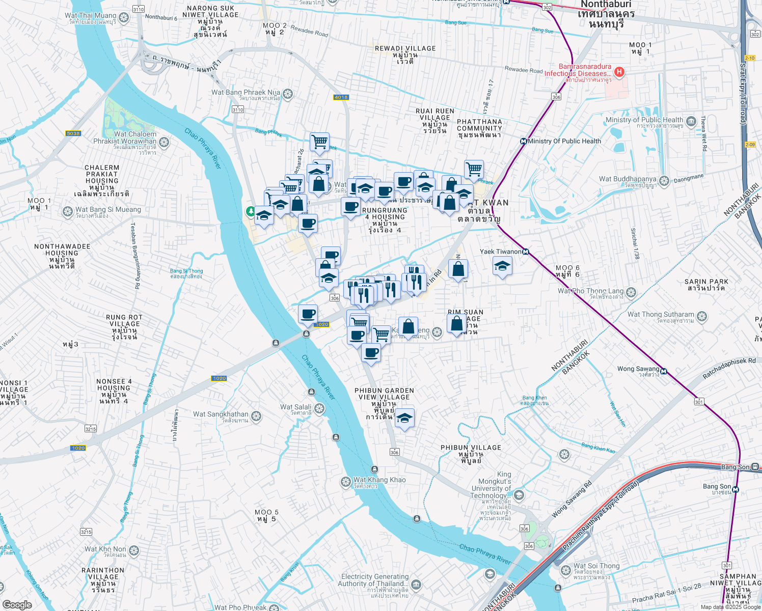 map of restaurants, bars, coffee shops, grocery stores, and more near 49 Nakhon In Road in Amphoe Mueang Nonthaburi