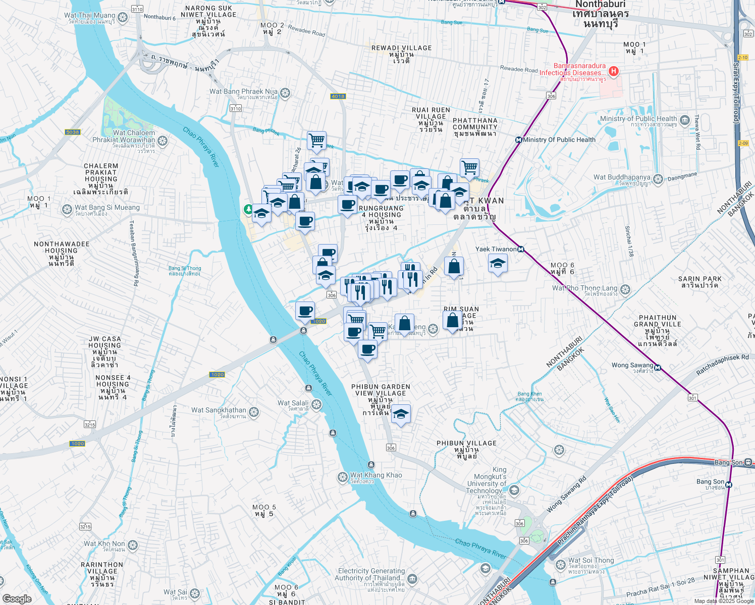 map of restaurants, bars, coffee shops, grocery stores, and more near 49 Nakhon In Road in Amphoe Mueang Nonthaburi