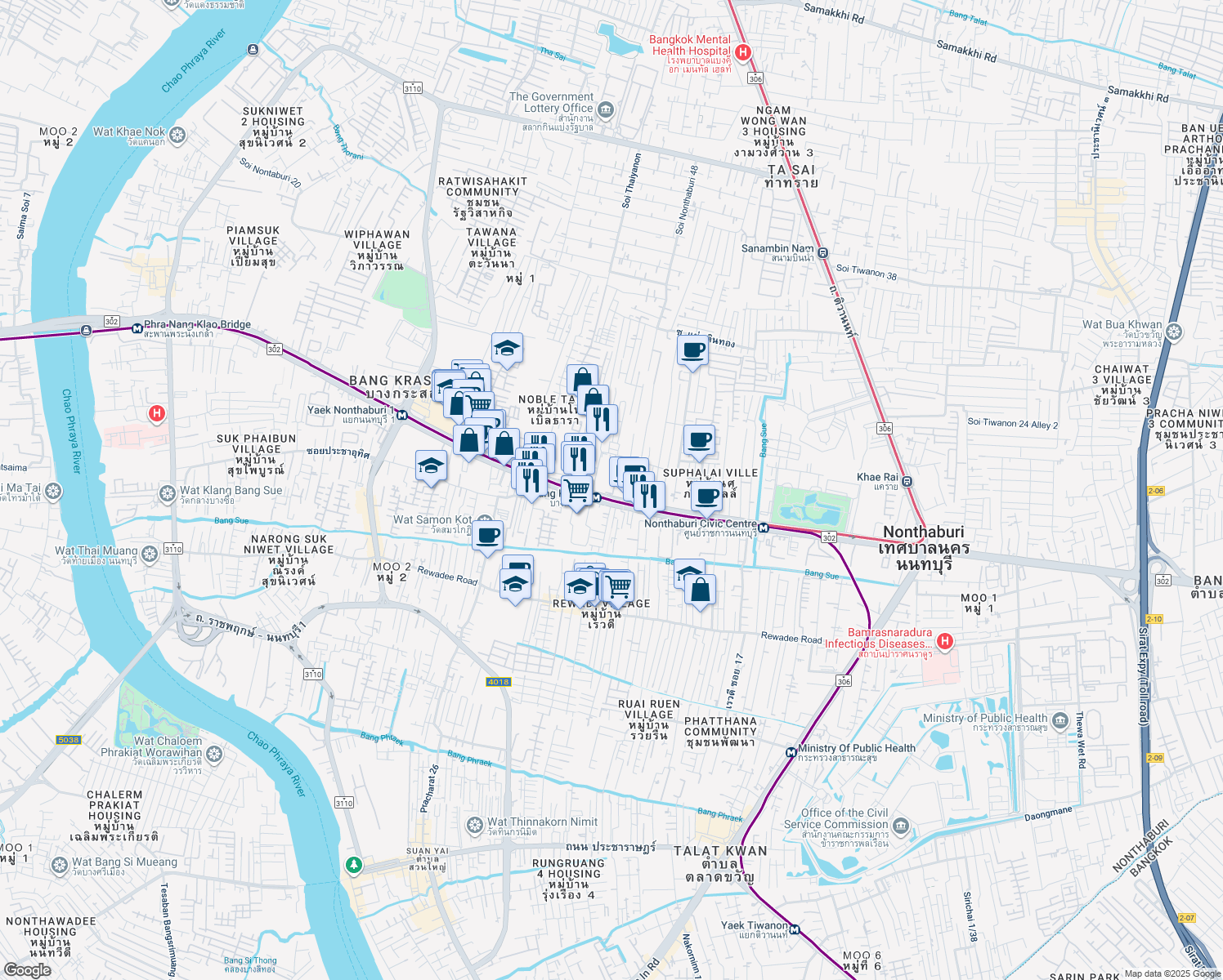 map of restaurants, bars, coffee shops, grocery stores, and more near 36/2 Rattanathibet Road in Sai Ma