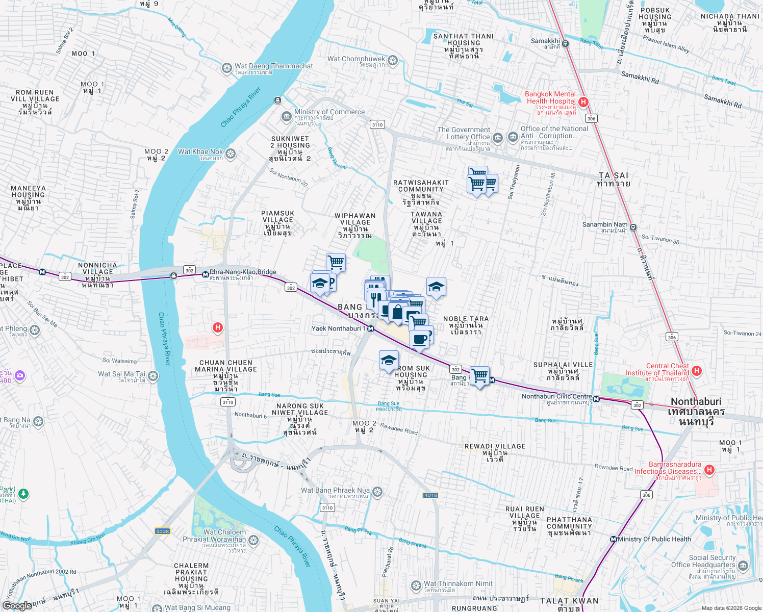 map of restaurants, bars, coffee shops, grocery stores, and more near ถนนเลี่ยงเมืองนนทบุรี in Mueang Nonthaburi