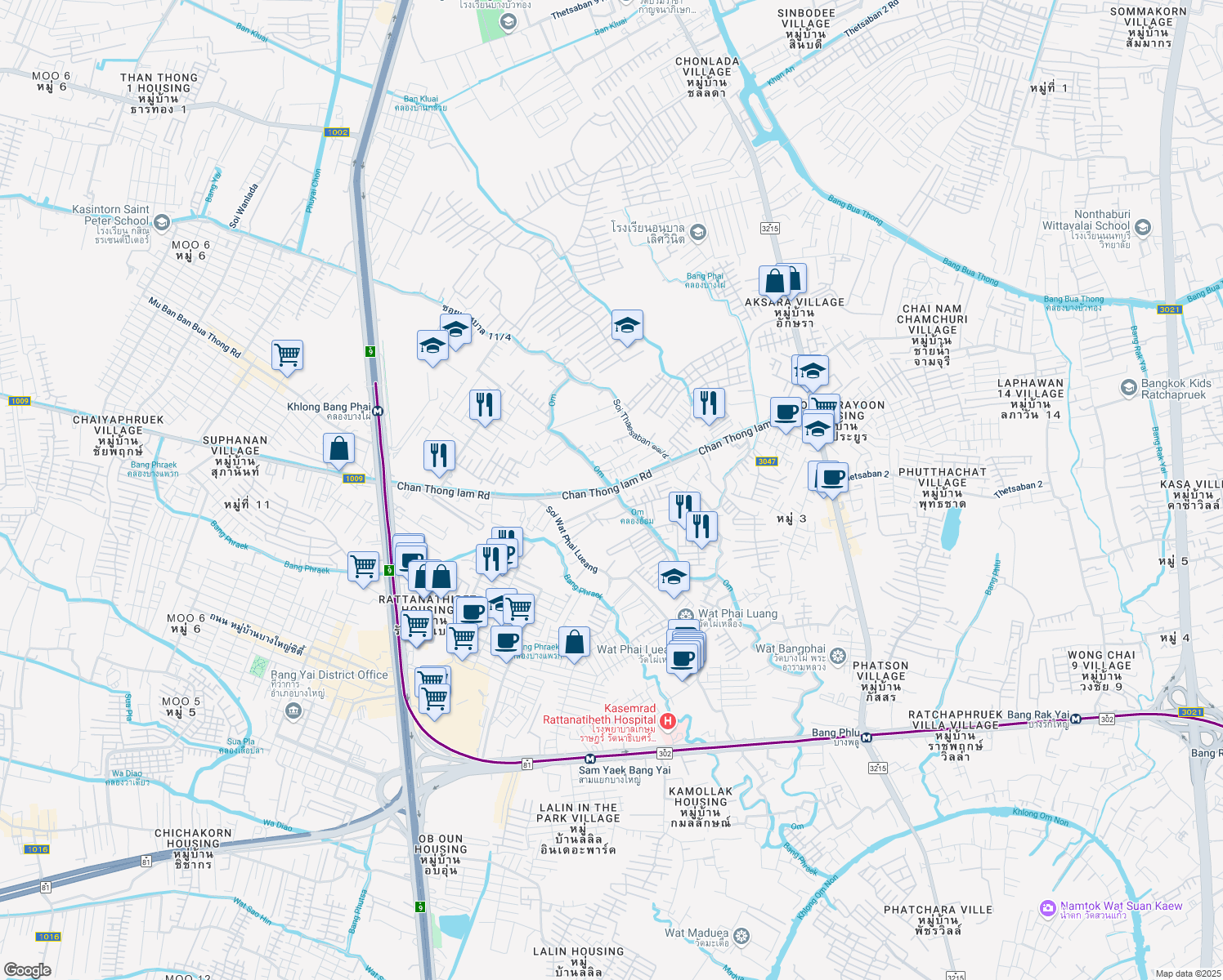 map of restaurants, bars, coffee shops, grocery stores, and more near Chan Thong Iam Road in Bang Rak Phatthana