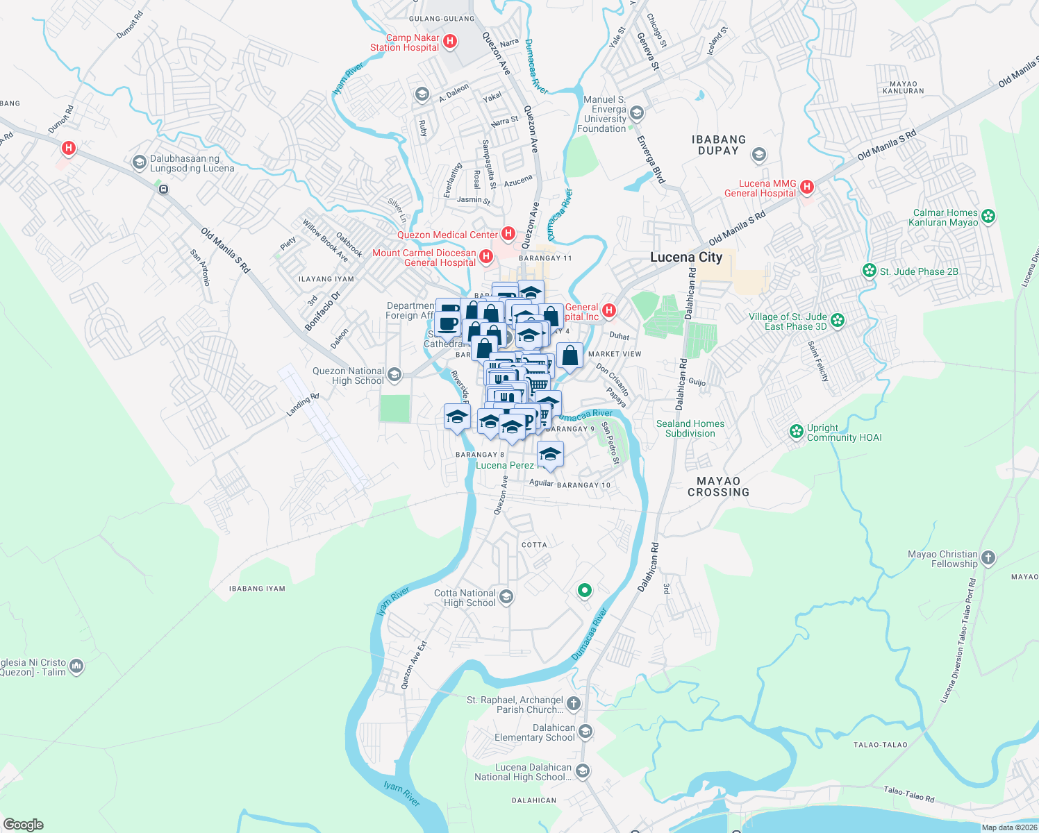 map of restaurants, bars, coffee shops, grocery stores, and more near Don Queblar Street in Lucena City