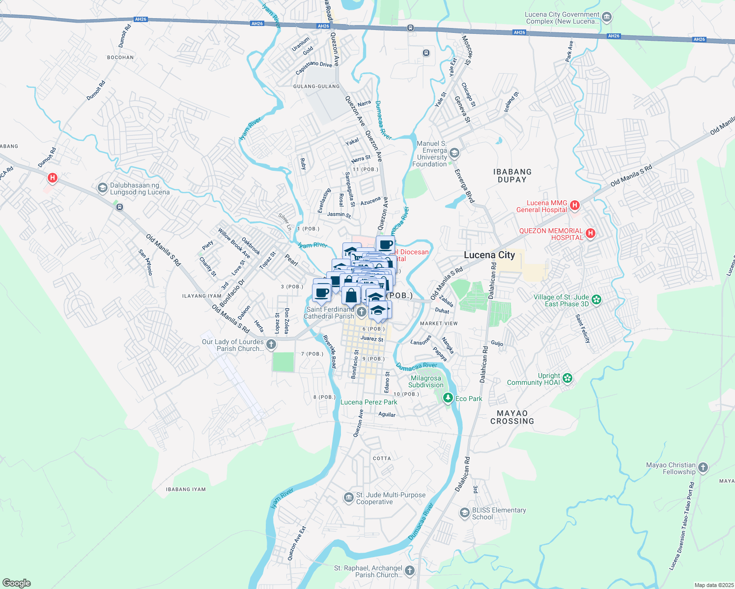map of restaurants, bars, coffee shops, grocery stores, and more near Old Manila South Rd in Lucena City