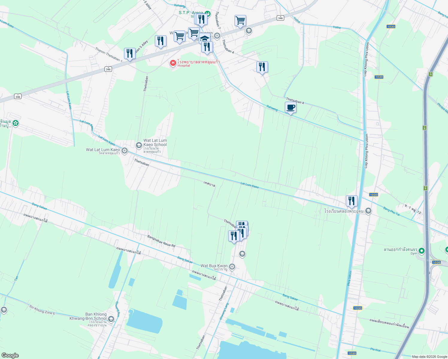 map of restaurants, bars, coffee shops, grocery stores, and more near ตำบลลาดหลุมแก้วอำเภอ in Tambon Lat Lum Kaeo
