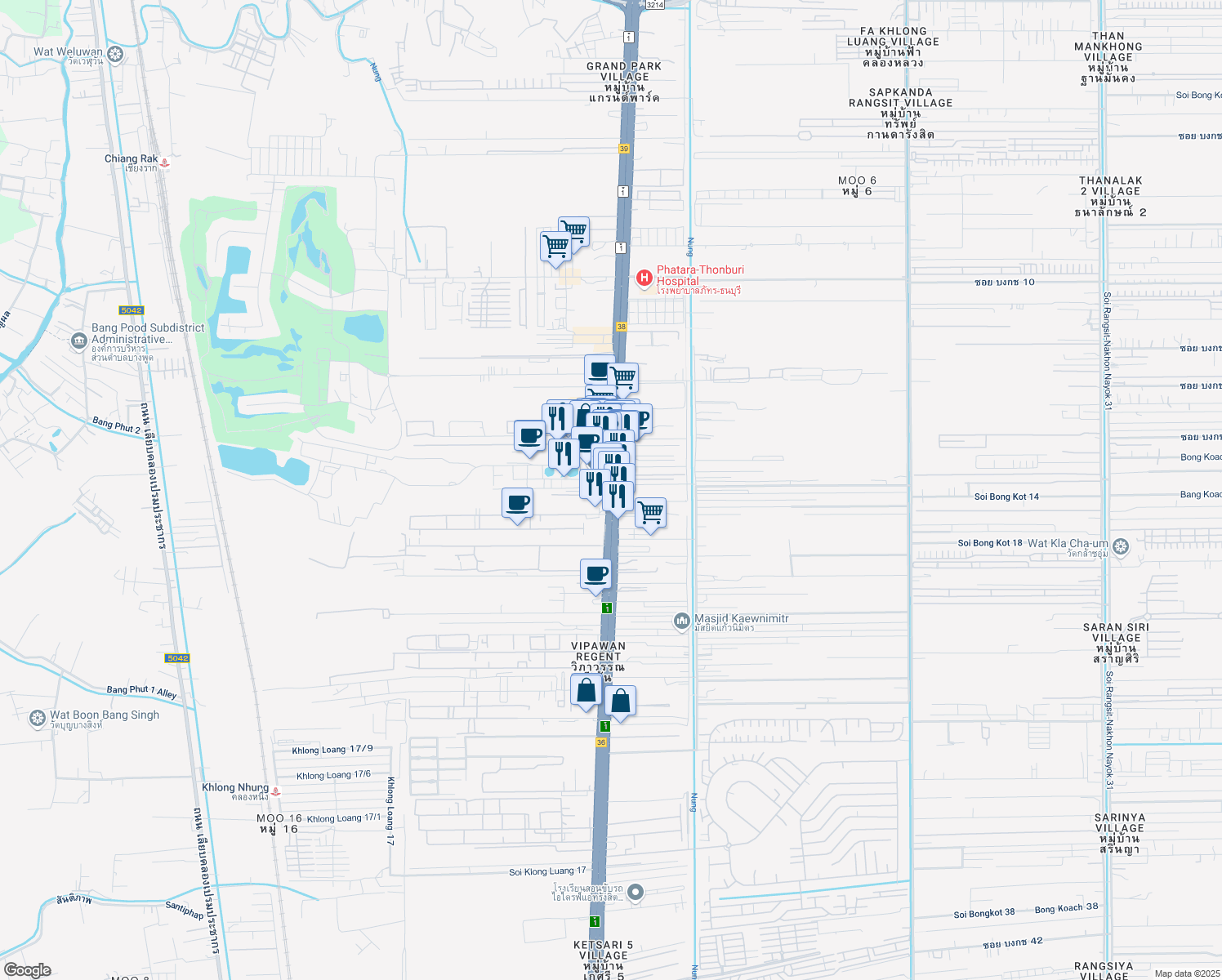 map of restaurants, bars, coffee shops, grocery stores, and more near Thanon Phaholyothin Frontage in Tambon Khlong Nung