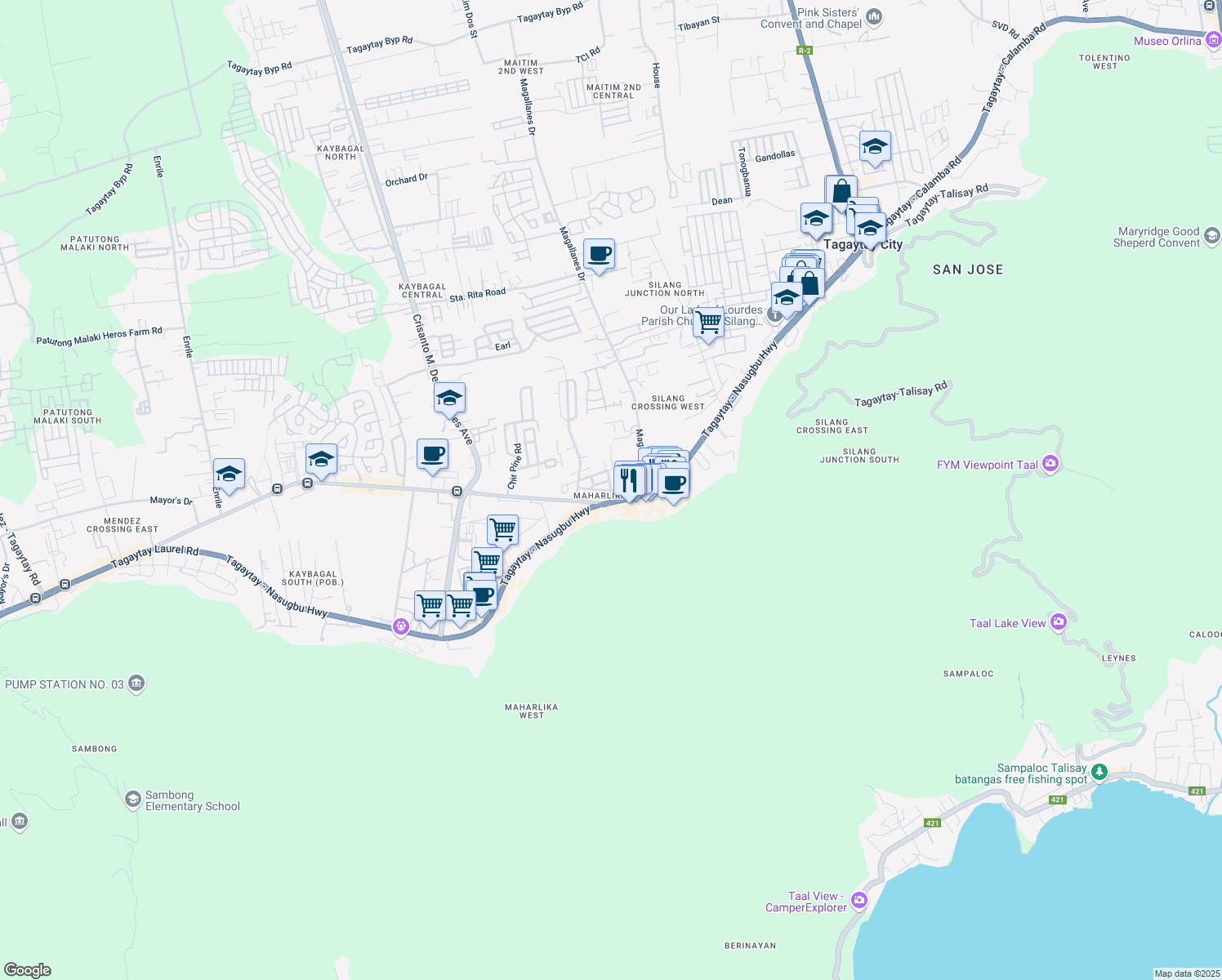 map of restaurants, bars, coffee shops, grocery stores, and more near Maharlika Street in Tagaytay