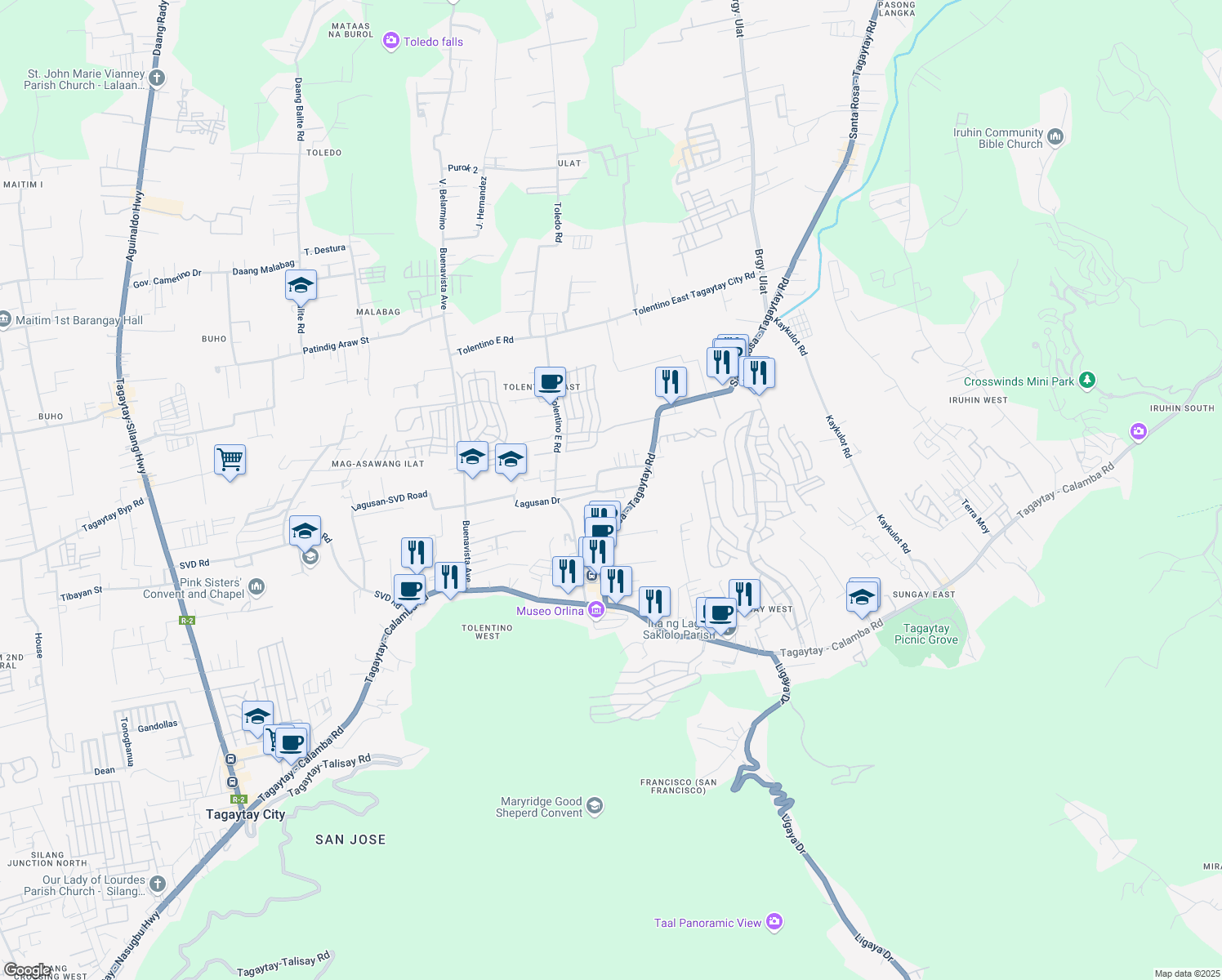 map of restaurants, bars, coffee shops, grocery stores, and more near Lagusan Drive in Tagaytay City
