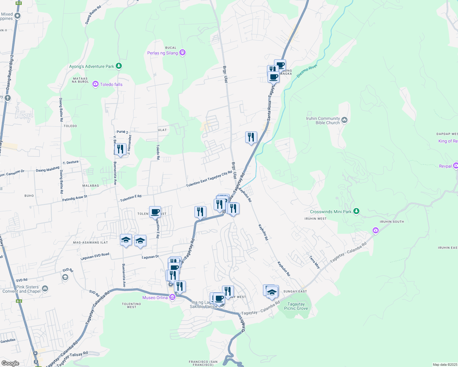 map of restaurants, bars, coffee shops, grocery stores, and more near Santa Rosa - Tagaytay Road in Silang