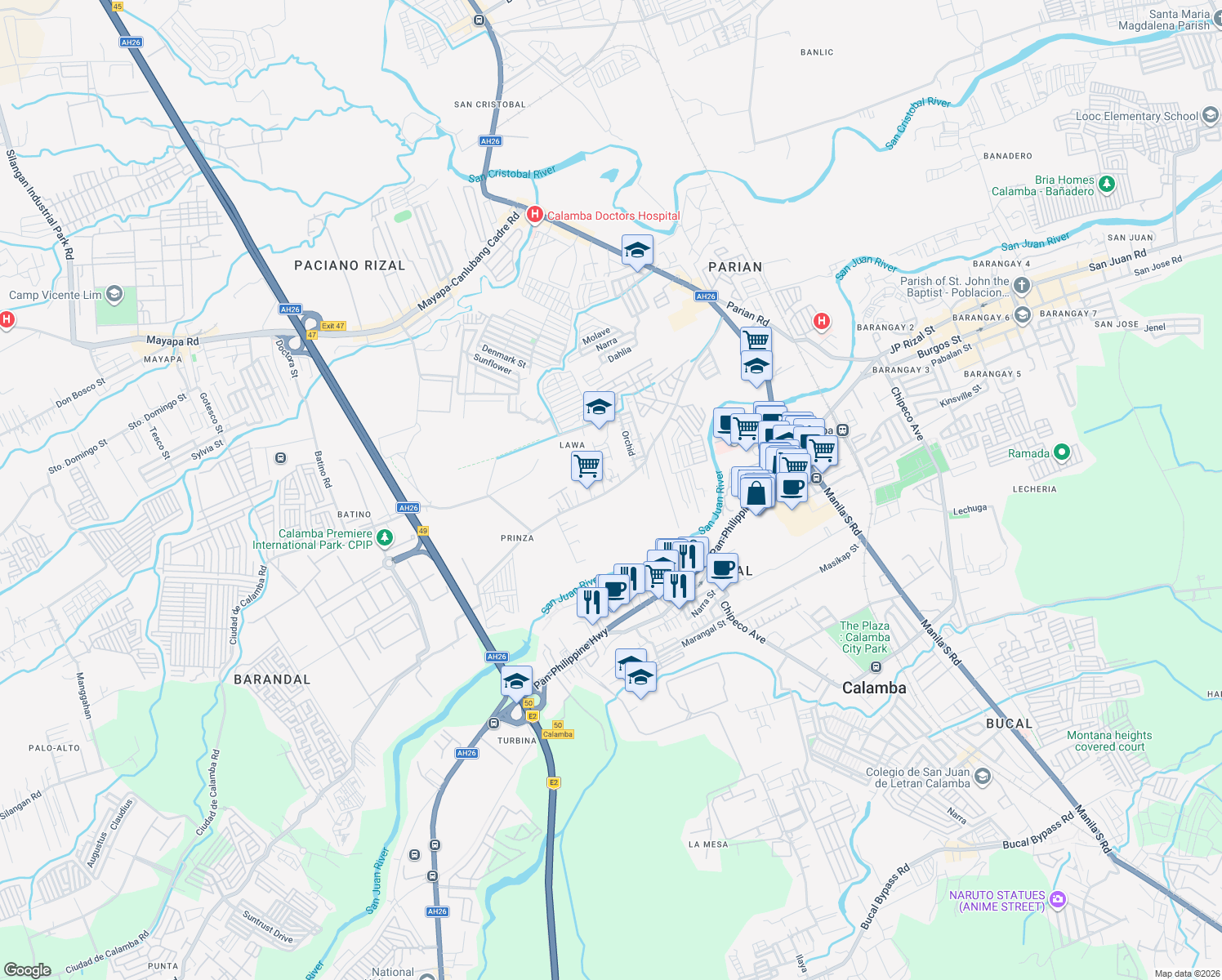 map of restaurants, bars, coffee shops, grocery stores, and more near Prinza Road in Calamba