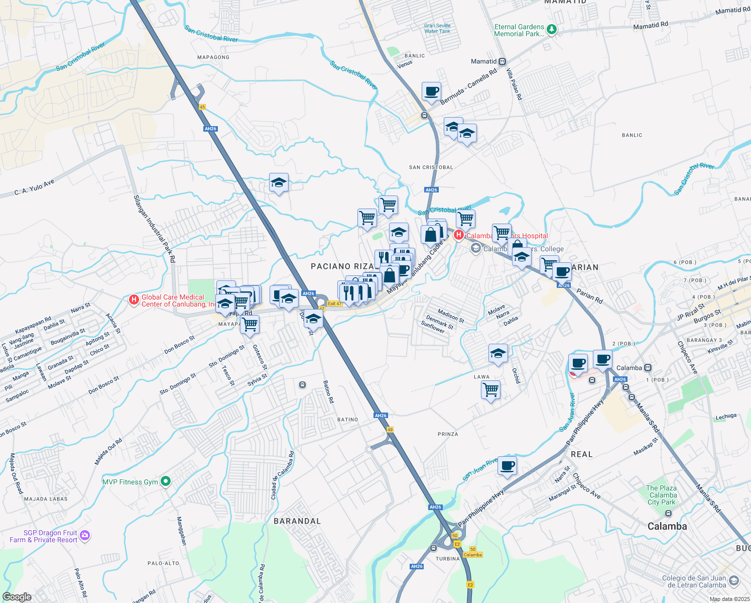 map of restaurants, bars, coffee shops, grocery stores, and more near 4 Paciano Rizal in Calamba