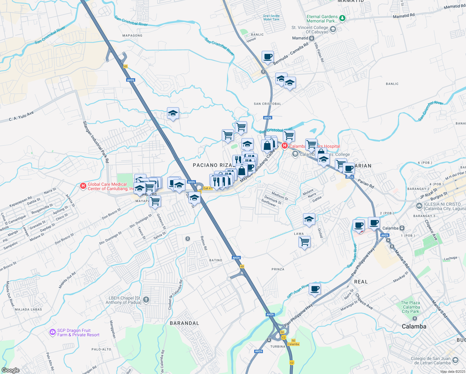 map of restaurants, bars, coffee shops, grocery stores, and more near 4 Paciano Rizal in Calamba
