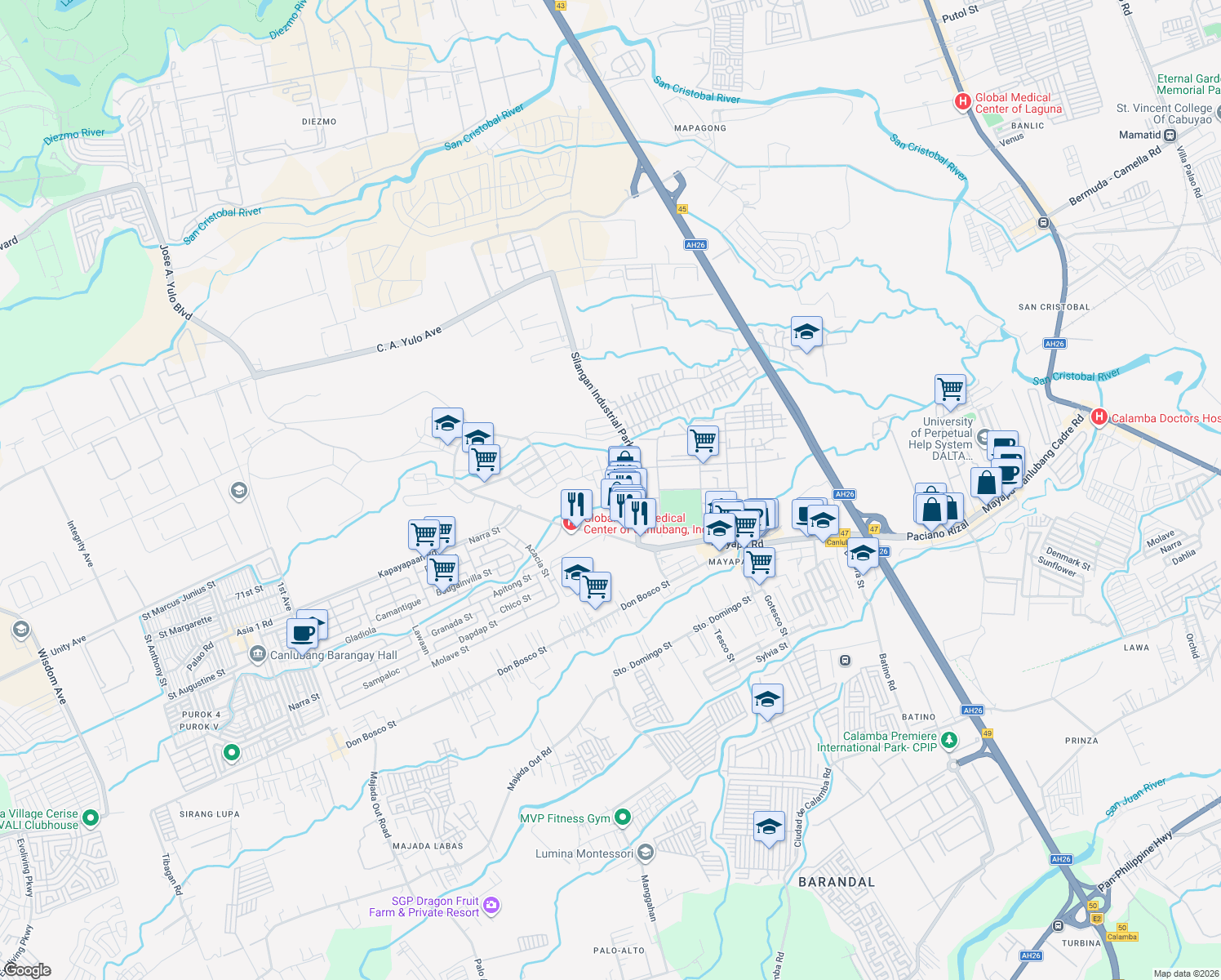 map of restaurants, bars, coffee shops, grocery stores, and more near Silangan Industrial Park Road in Calamba City