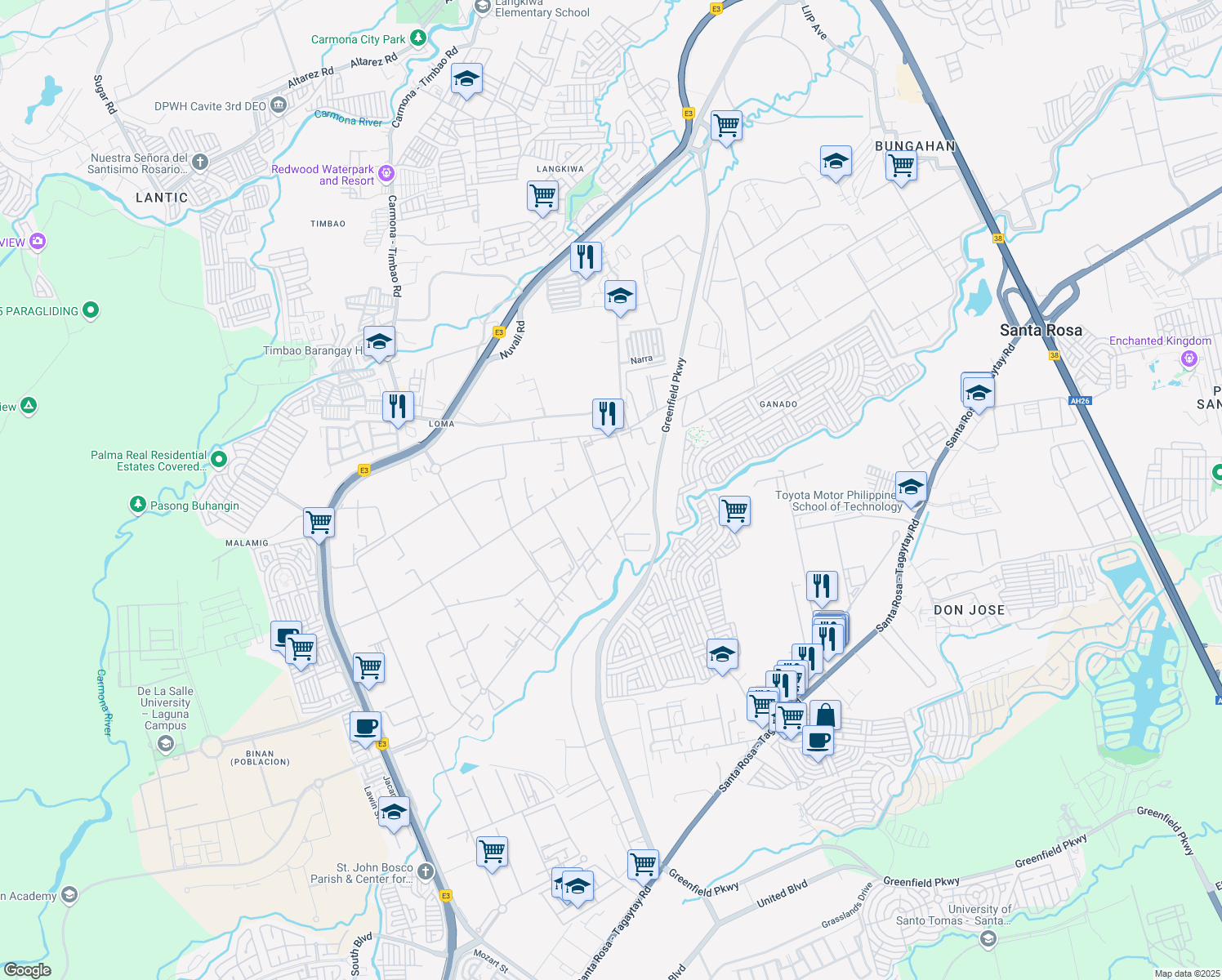 map of restaurants, bars, coffee shops, grocery stores, and more near 100 East Main Avenue in Biñan