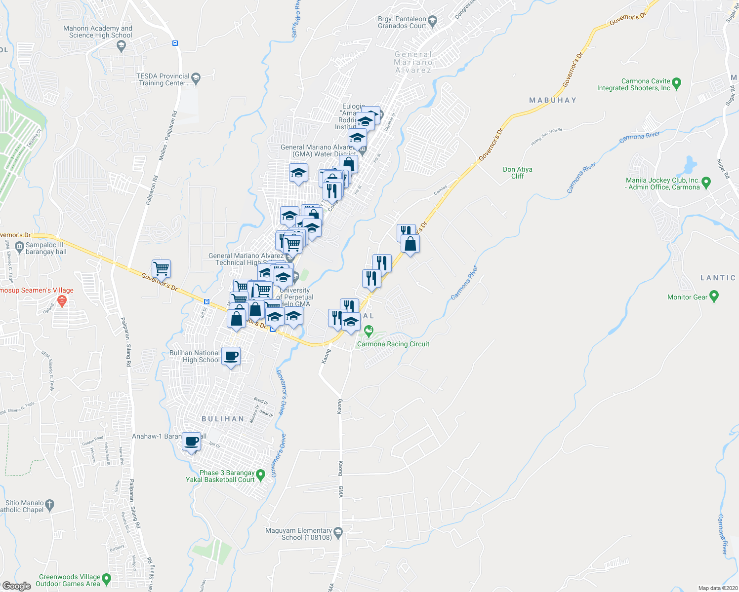 map of restaurants, bars, coffee shops, grocery stores, and more near 14154 Governor's Drive in Carmona
