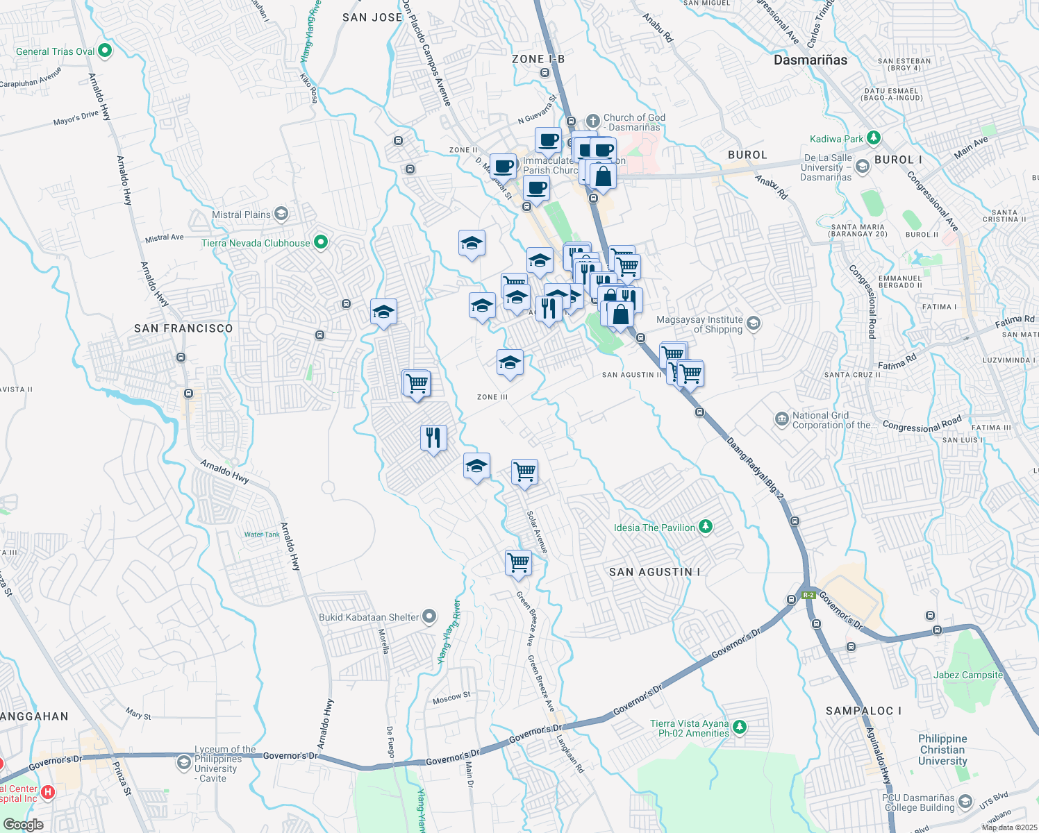 map of restaurants, bars, coffee shops, grocery stores, and more near Amuntay Road in Dasmariñas City