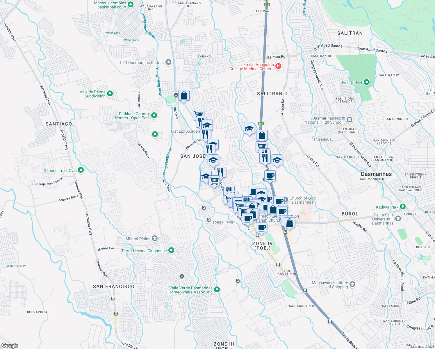 map of restaurants, bars, coffee shops, grocery stores, and more near Don Placido Campos Avenue in Dasmariñas