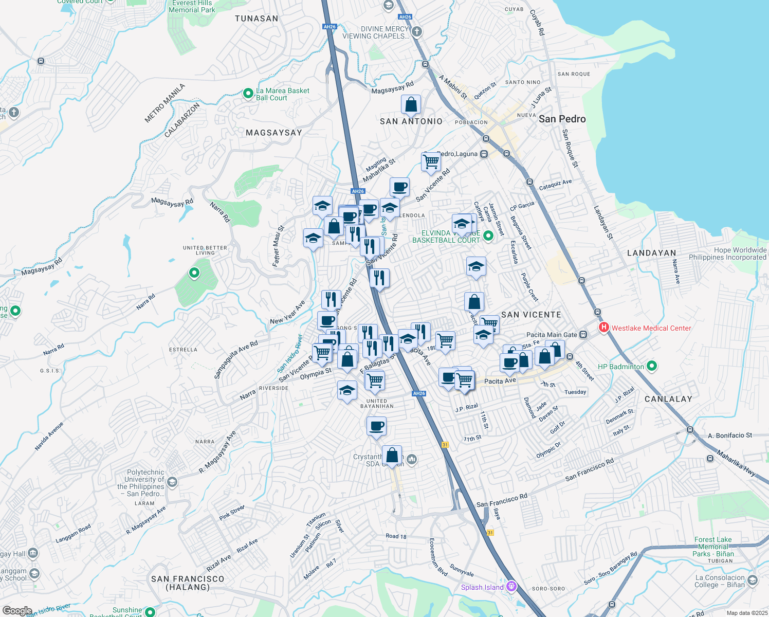 map of restaurants, bars, coffee shops, grocery stores, and more near Main Avenue, Pacita Complex II in San Pedro