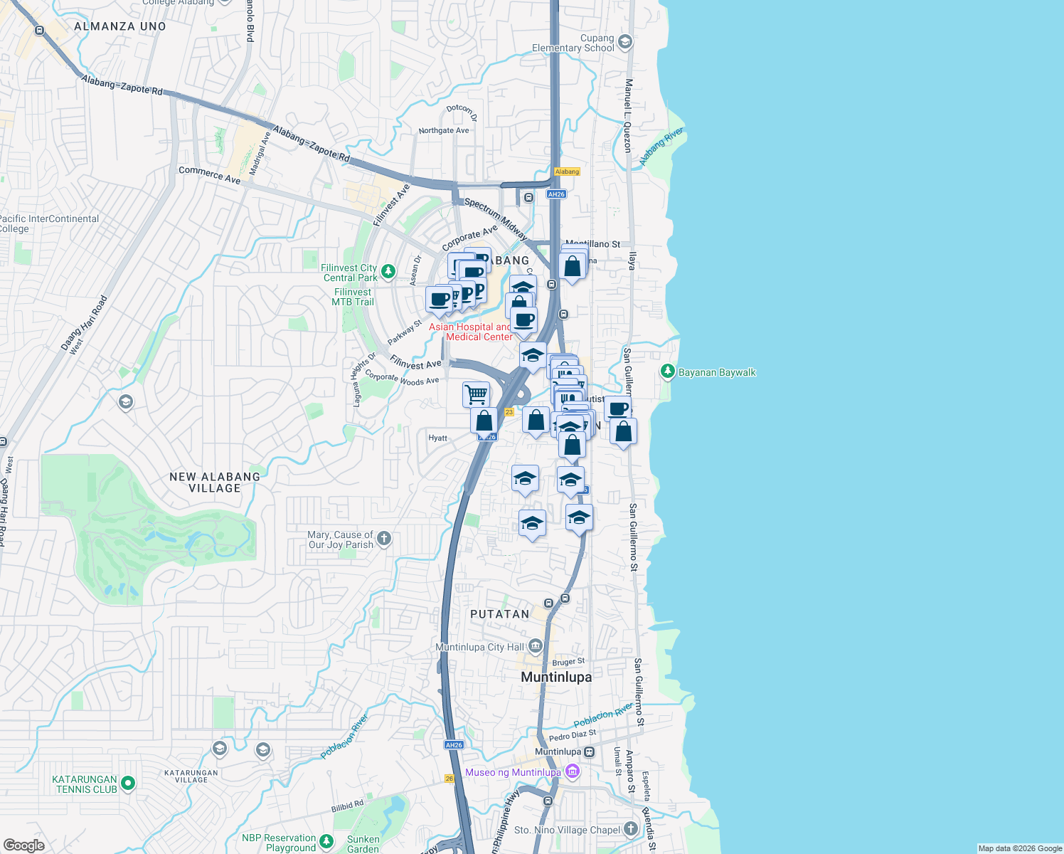 map of restaurants, bars, coffee shops, grocery stores, and more near M Dolleton St in Muntinlupa City