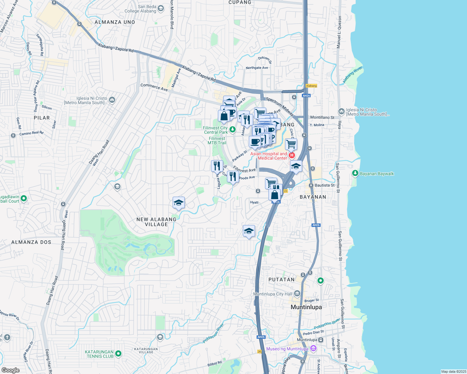 map of restaurants, bars, coffee shops, grocery stores, and more near Laguna Heights Drive in Muntinlupa