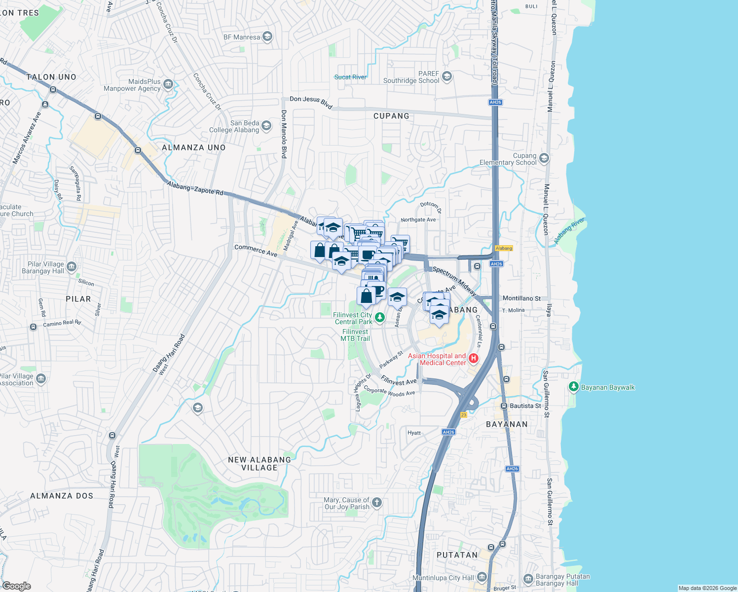 map of restaurants, bars, coffee shops, grocery stores, and more near Filinvest Avenue in Muntinlupa