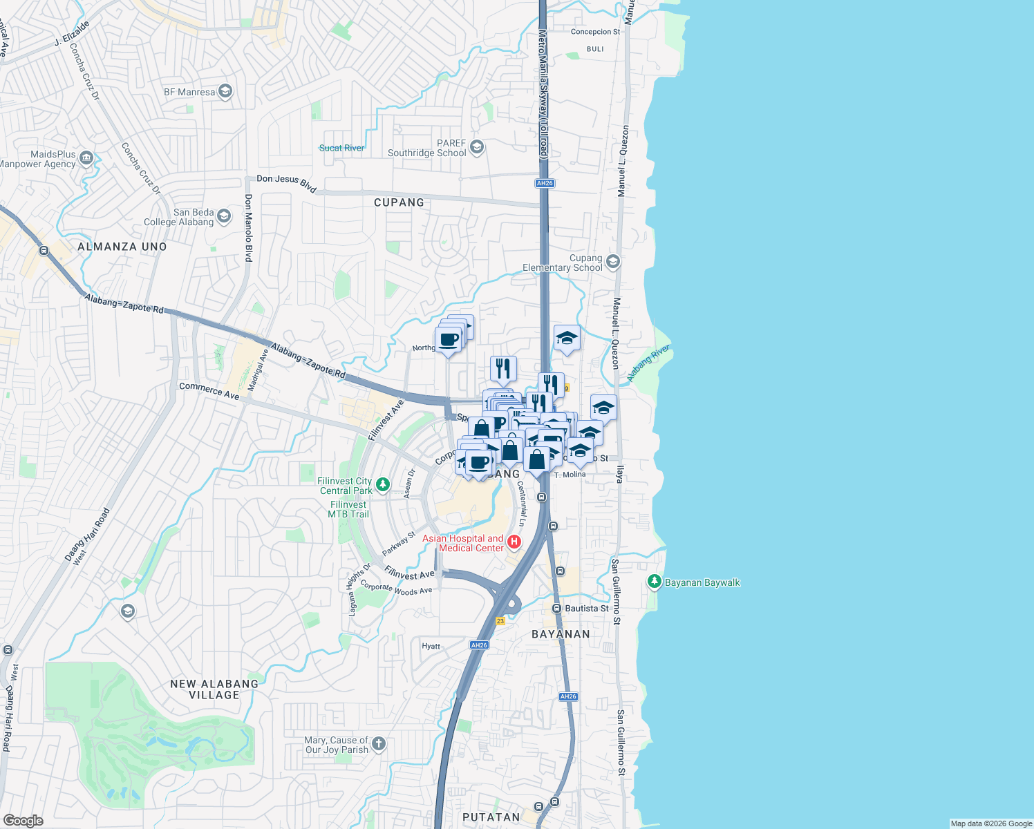 map of restaurants, bars, coffee shops, grocery stores, and more near South Station Complex Spectrum Midway Extension in Muntinlupa