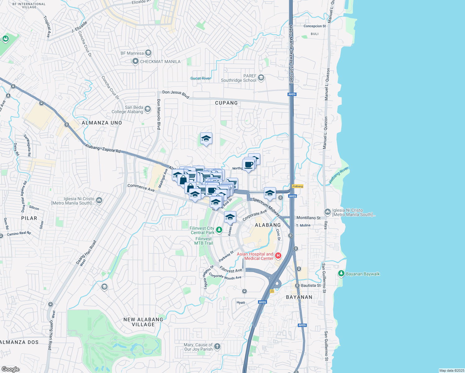 map of restaurants, bars, coffee shops, grocery stores, and more near Filinvest Avenue in Muntinlupa