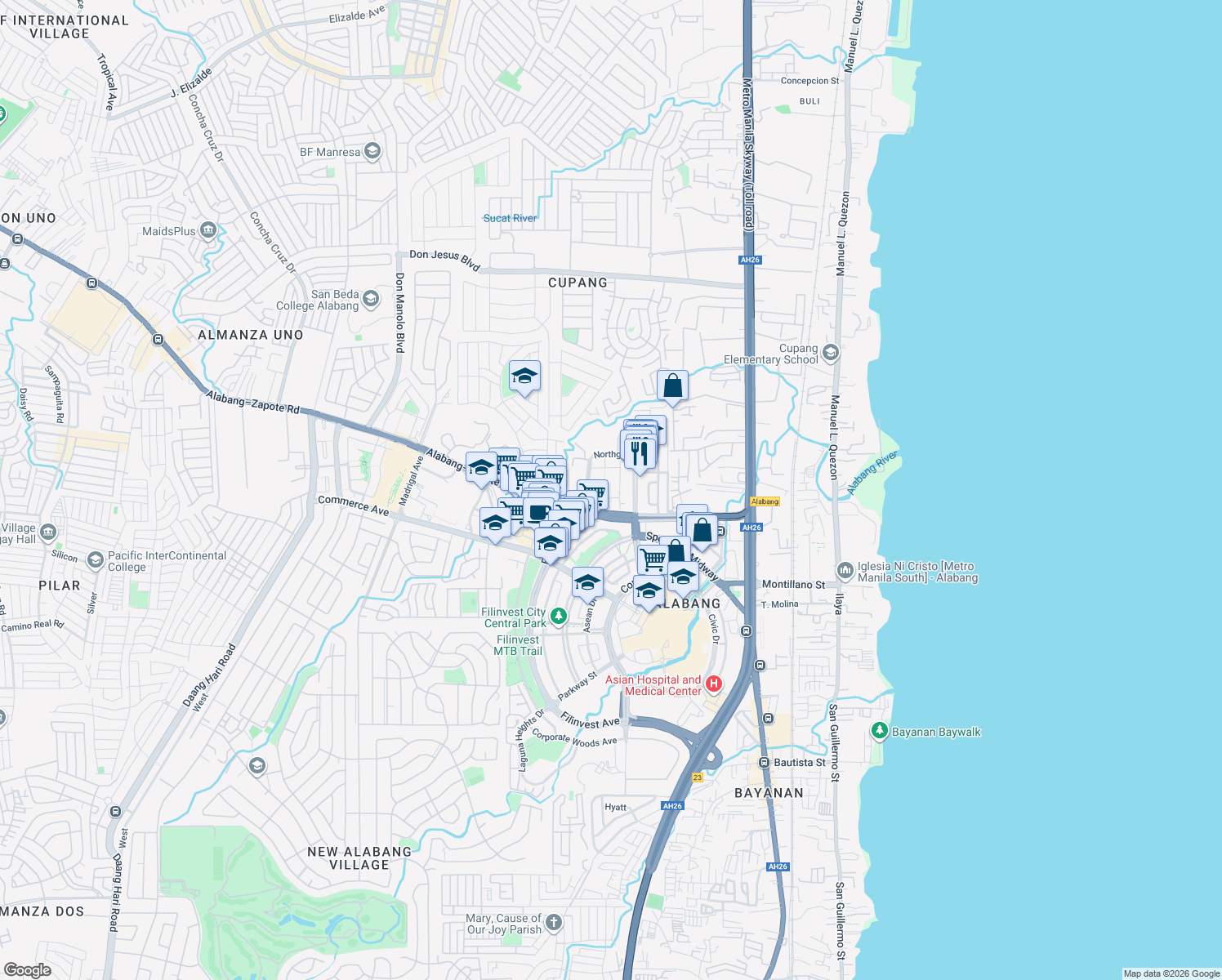map of restaurants, bars, coffee shops, grocery stores, and more near 3 Filinvest Avenue in Muntinlupa