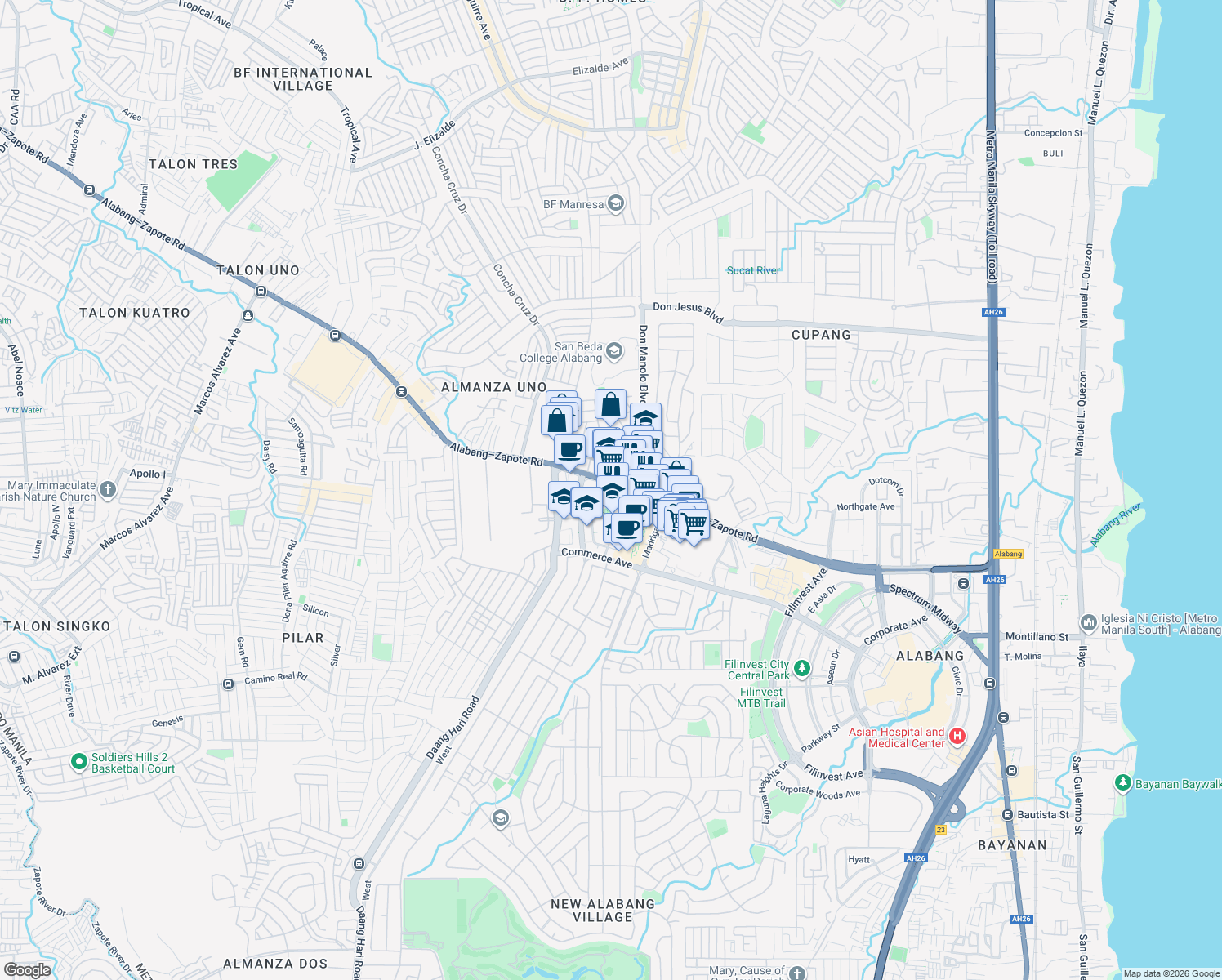 map of restaurants, bars, coffee shops, grocery stores, and more near 1107 Alabang–Zapote Road in Muntinlupa
